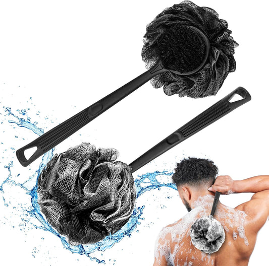Loofah with Handle & Shower Brush Charcoal 2 Pack- Back Scrubber for Shower for Men & Women, Body Brush Ideal for Exfoliation, Back Loofah for Shower with Bath Brush, Long Handle for Shower Back Brush