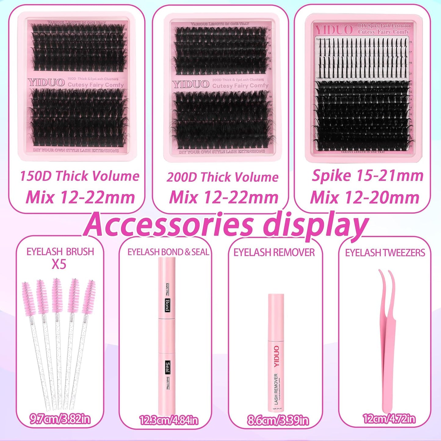 575Pcs Bulk Pack Lashes Clusters Kit with Glue and Removers, D Curl Volume 150D+200D+Spiky Lashes Clusters, 12-21mm Manga Extension Eyelashes DIY Individual False Eyelash Wholesale Pack