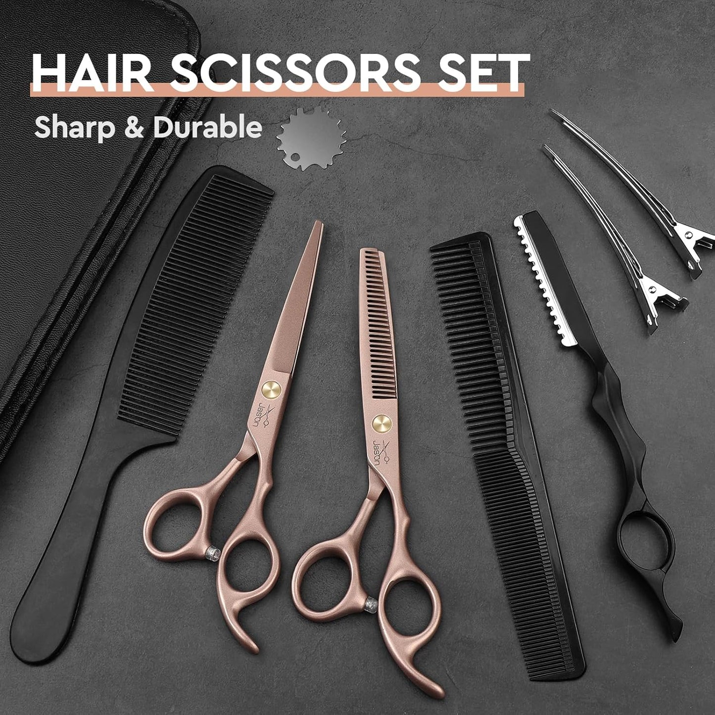 JASON Professional 10-Piece Haircut Scissors Set - 6.7" Thinning/Texturizing Scissors, Straight Shears for Men, Women & Home Salon (30 Teeth, Rosegold)