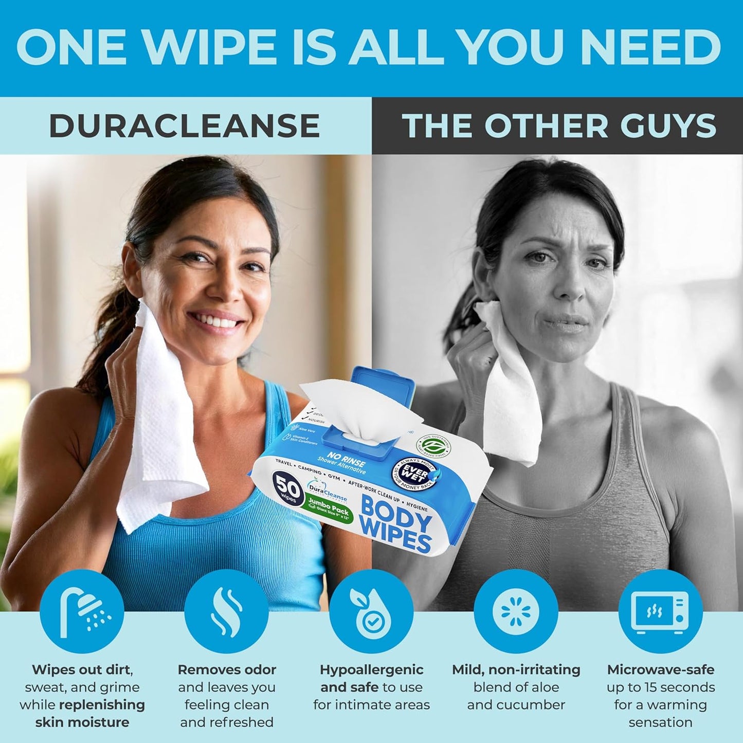 Dura Cleanse Body Wipes for Adults Bathing No Rinse (2 Pack) 100 XL Shower Wipes + 8 Travel Bath Sheets - 9" x 12" Extra Thick Waterless Adult Disposable Washcloths for Camping, Elderly Incontinence