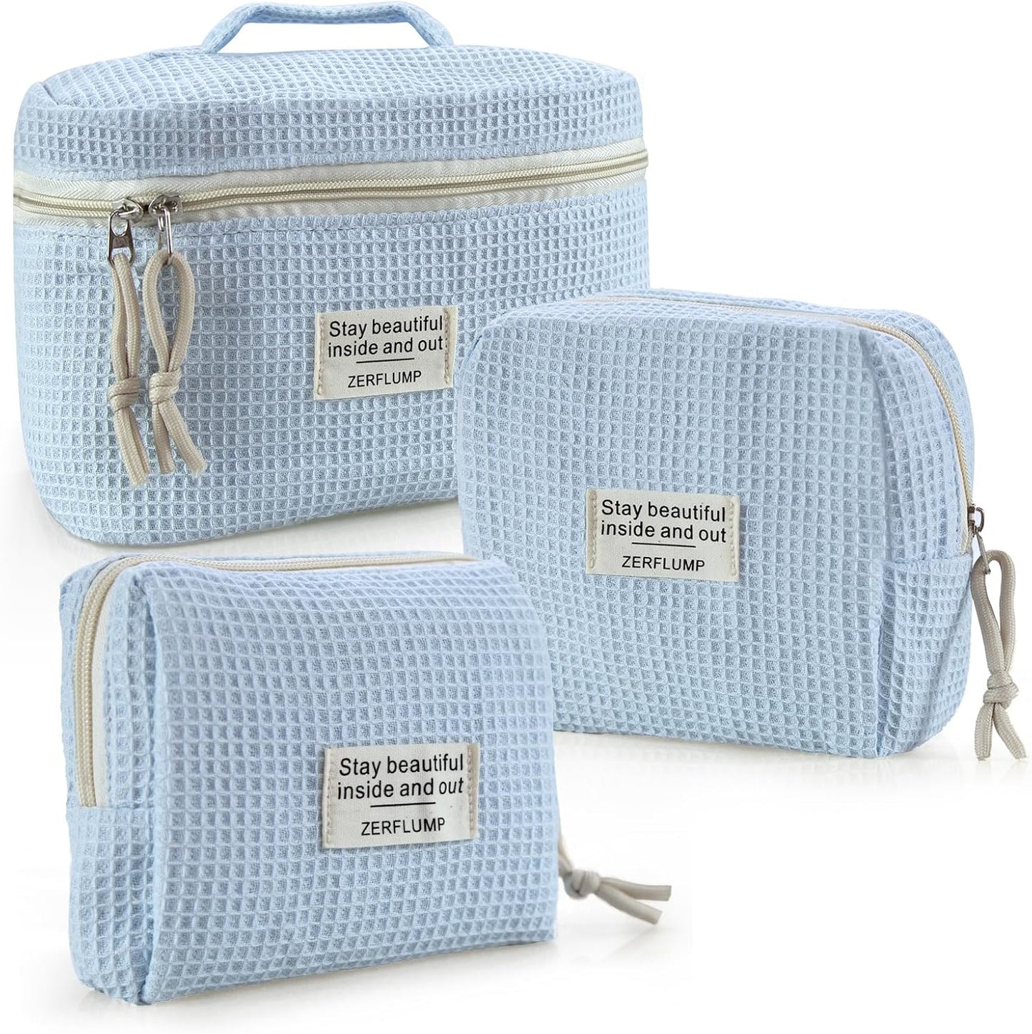 Cute Quilted Floral Makeup Bag(3Pcs)，Coquette Aesthetic Cosmetic Bag，Travel Toiletry Bags， Kawaii Aesthetic pouch for Women (92 - Blue)