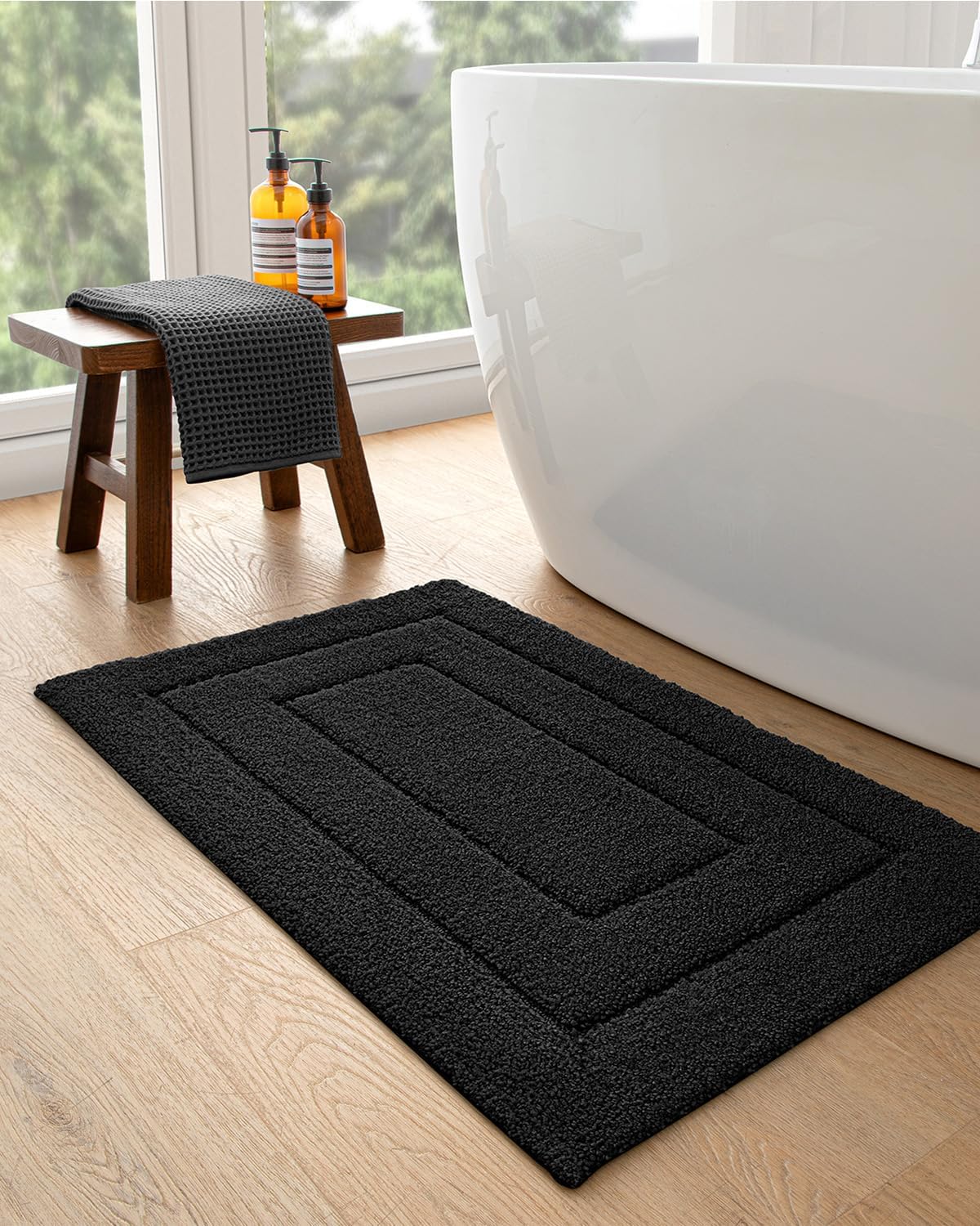 DEXI Bathroom Rug 24x16, Non Slip Washable Bath Mat for Shower Floor, Absorbent Soft Bathmat with Rubber Backing, Quick Dry Microfiber Carpet, Black