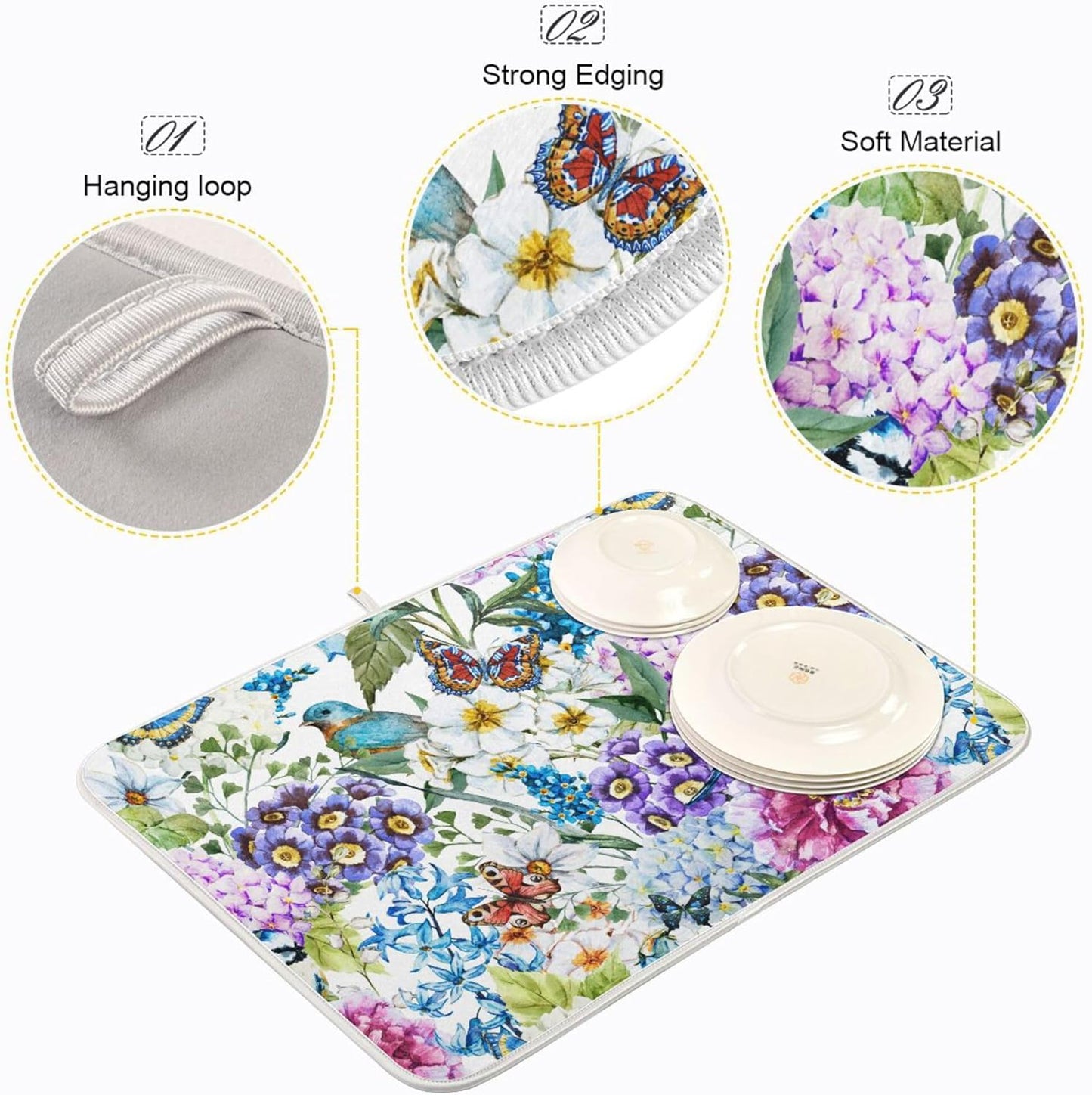 Floral Birds Dish Drying Mat for Kitchen Spring Globe Daisy Butterfly Flowers Microfiber Drying Mats Absorbent Reversible Dish Pad Medium Dish Draining Mat 16x18 inch