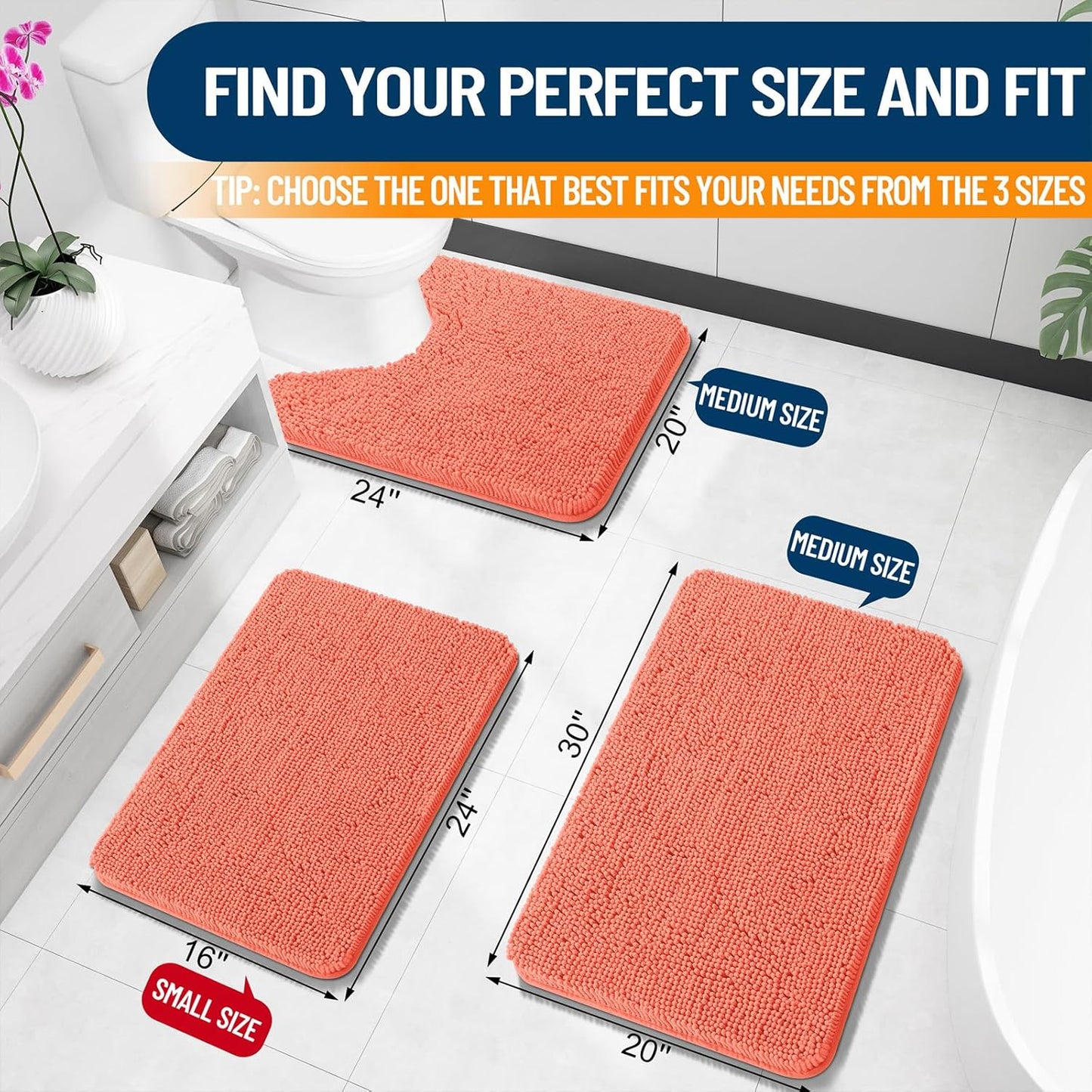 OLANLY Toilet Rugs U-Shaped 24x20, Extra Soft Absorbent Chenille Contour Bathroom Rugs for Toilet, Dry Quickly, Machine Washable, Non-Slip Bath Mat, Coral