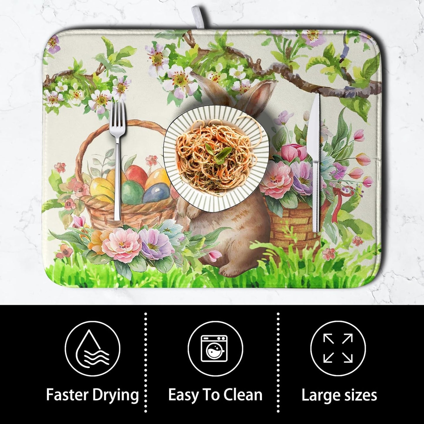 Easter Egg Bunny Dish Drying Mat for Kitchen Counter Floral Flower Basket Drying Mats Absorbent Dish Pad Spring Summer Holiday Medium Dish Draining Mat 18x24 inch