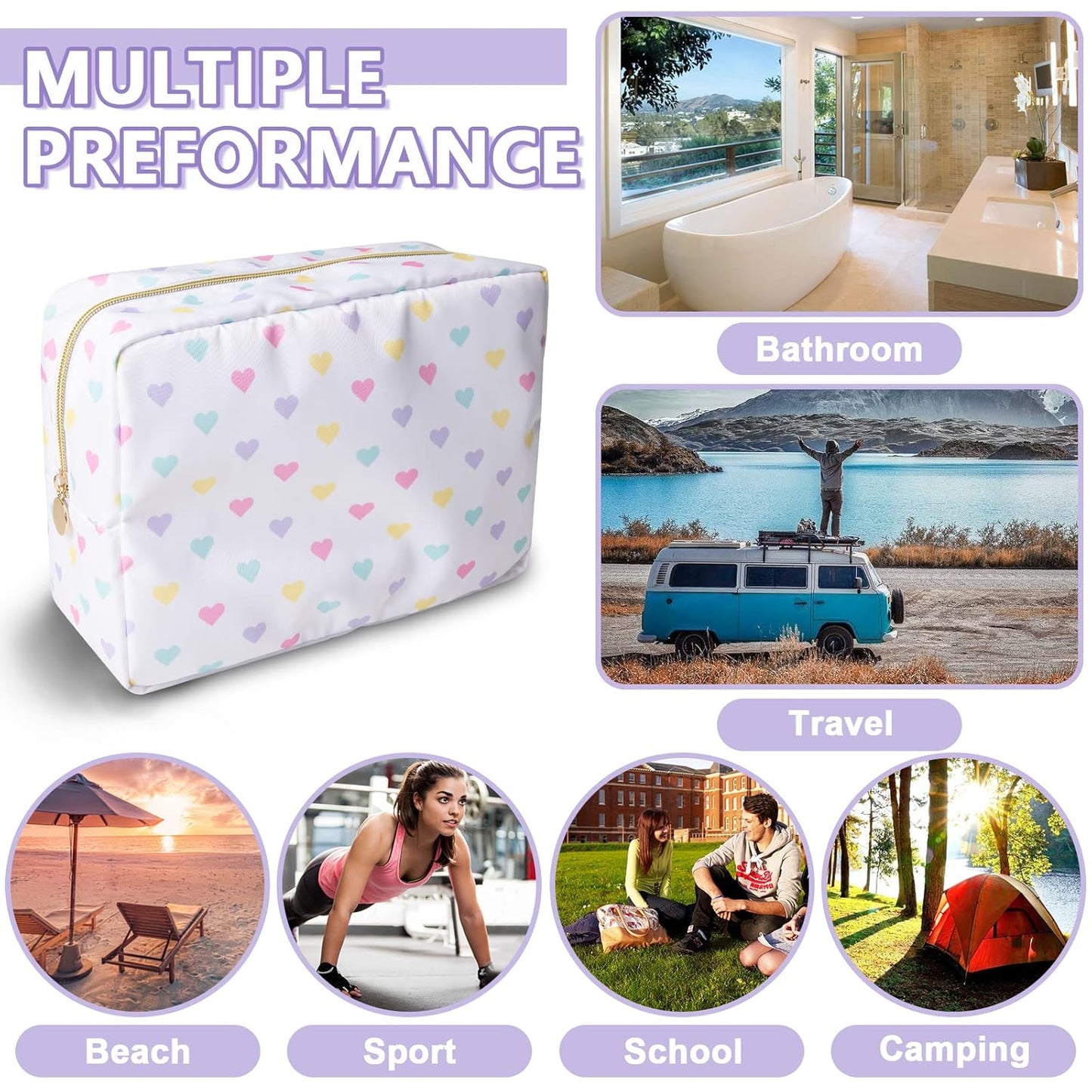 Large Makeup Bag Pouch, Nylon Women Travel Toiletry Storage Bag Big Makeup Organizer Bag for Girls, Preppy Cosmetic Bag Cute Zipper Pouch Skincare Bag for Sport School Work Gift(Large-White Heart)