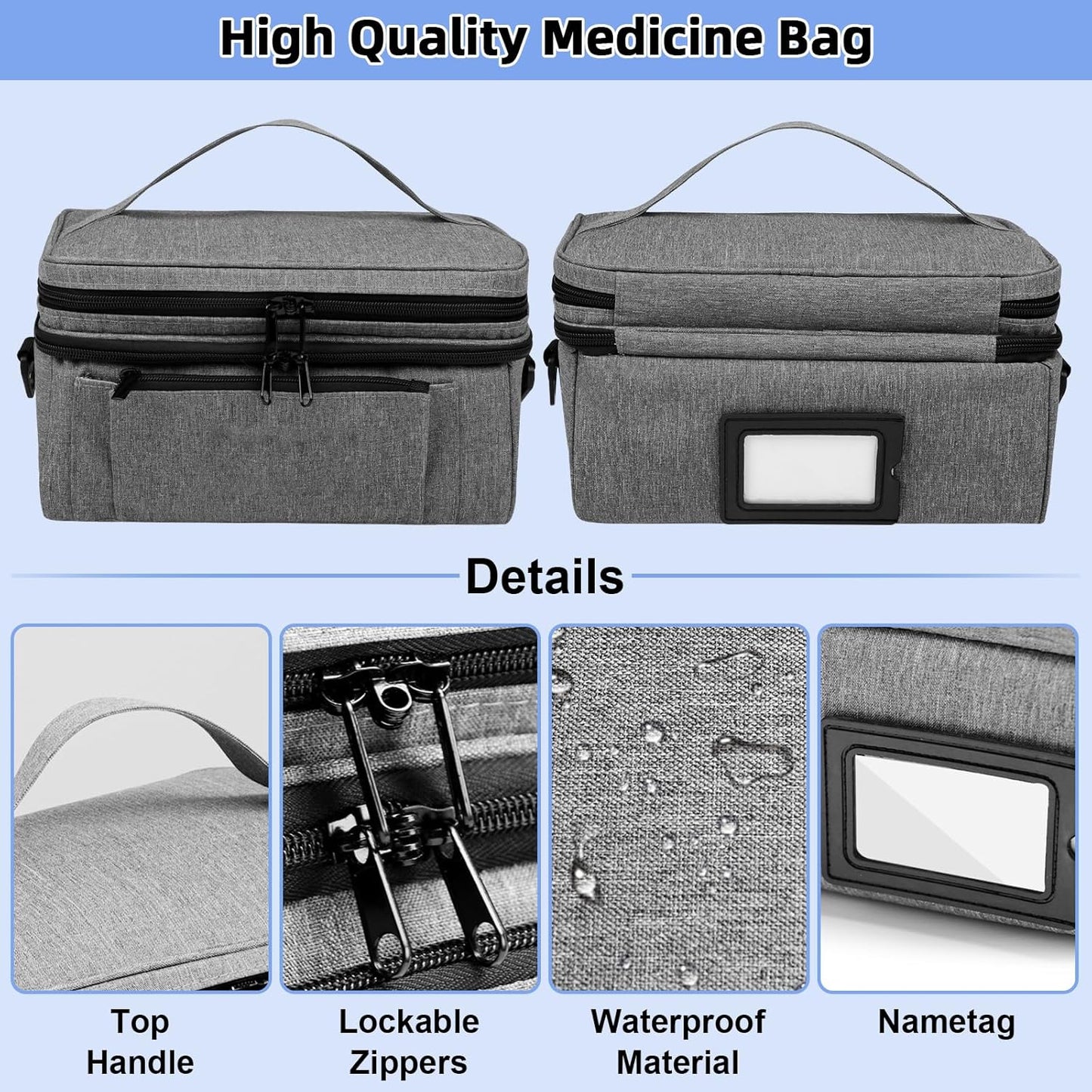 Medicine Bag for Traveling with Portable Small Pouch, Double Layer Pill Bottle Organizer Storage Case with Lockable Zippers, Carrying Medication Travel Case with Shoulder Strap (BAG ONLY), Gray