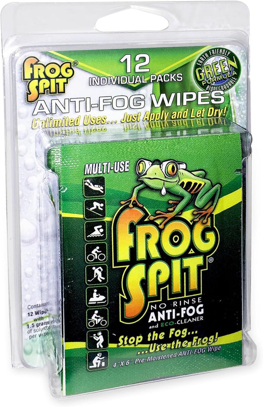 Frog Spit Pre-Moistened Anti-Fog Wipes | 12-Pack | Individually Packaged Travel Anti Fog Wipes for Glasses, Goggles, Face Masks, Helmet Face Shields