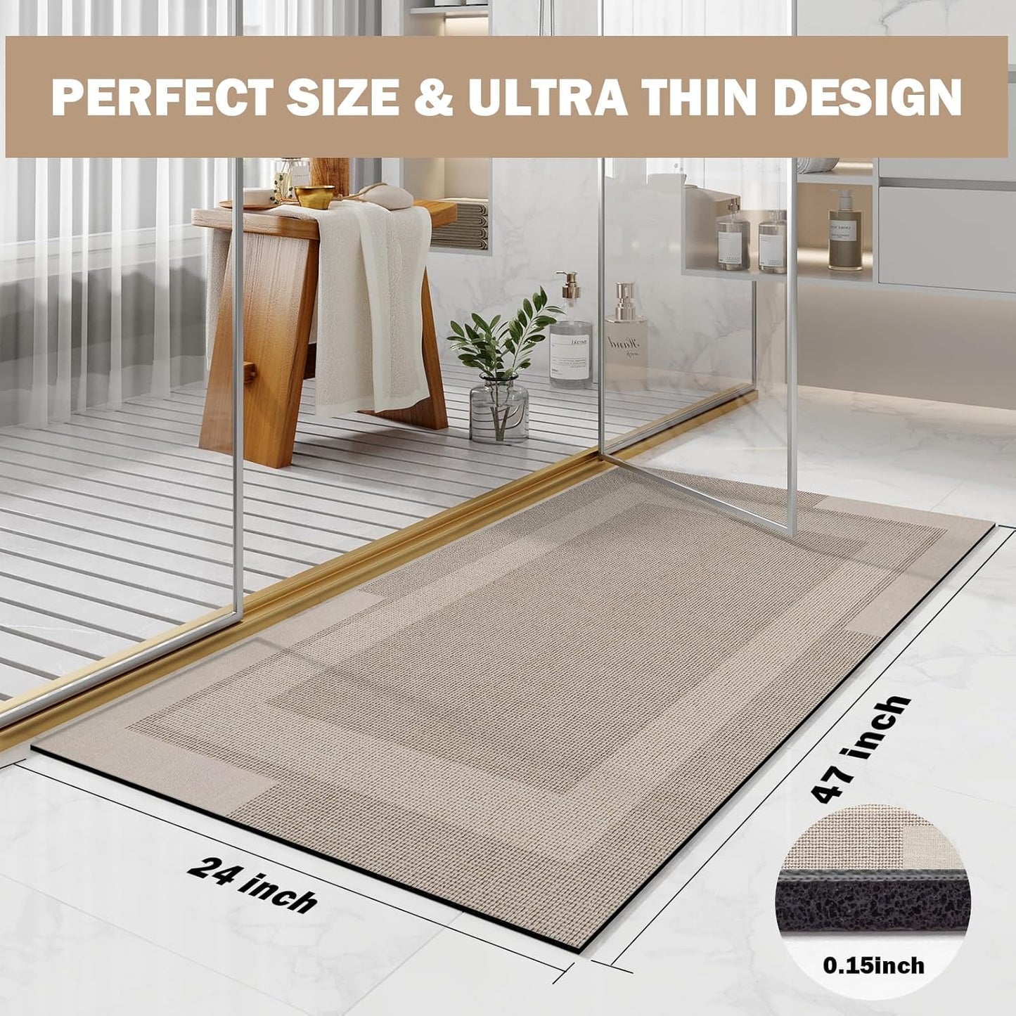 Non Slip Long Bath Mat Bathroom Runner, Rubber Backing Ultra Thin Bathroom Rugs Fit Under Door Quick Dry Super Absorbent Washable Bath Rug Shower Mat for Bathtub Sink Floor, Beige 24"x48"