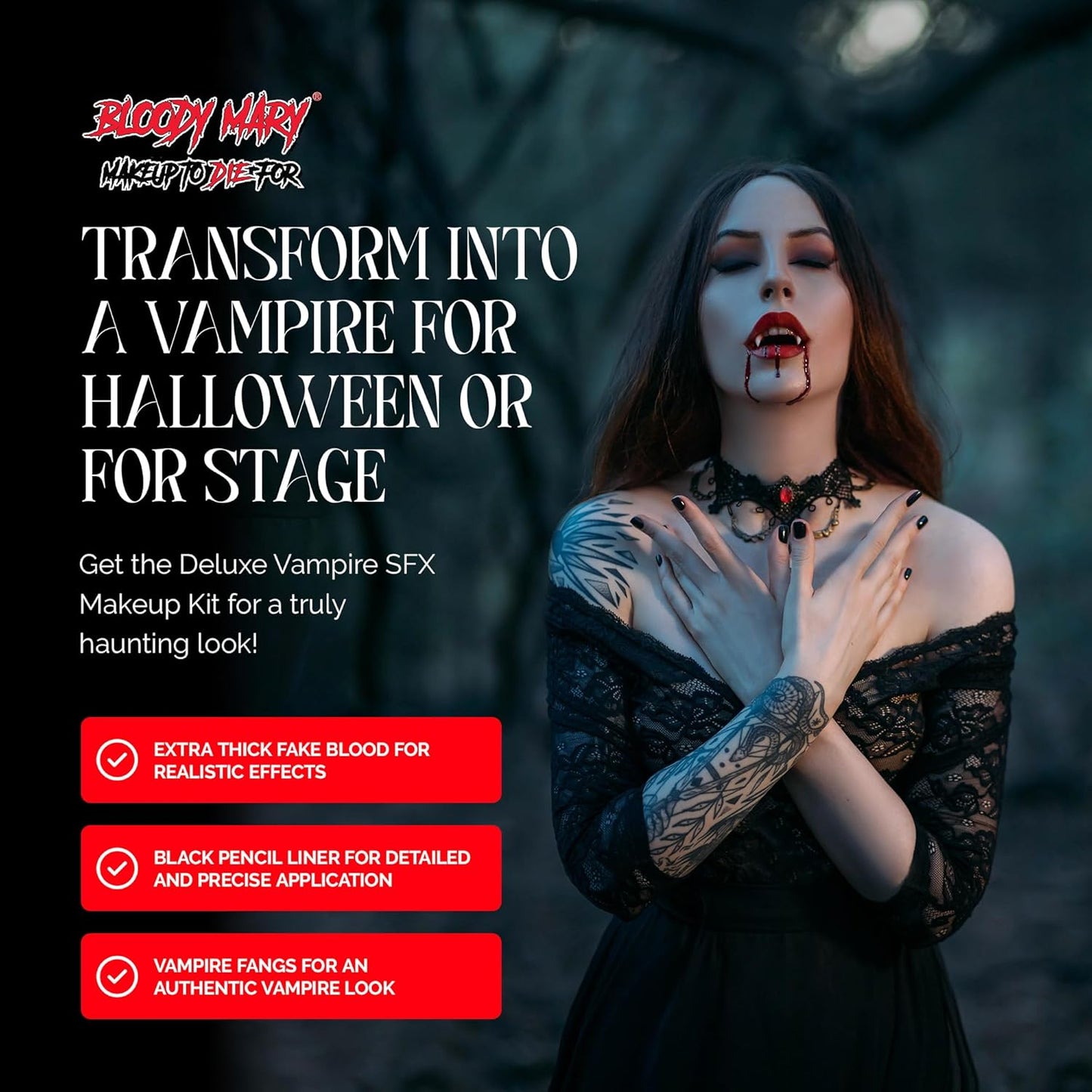 Vampire SFX Makeup Kit - Deluxe Wicked Bite Special Effects Face Makeup with 1/2 Oz. Extra Thick Fake Blood, Black Pencil Liner, Vampire Fangs and Stipple Sponge for Halloween or Stage - Bloody Mary