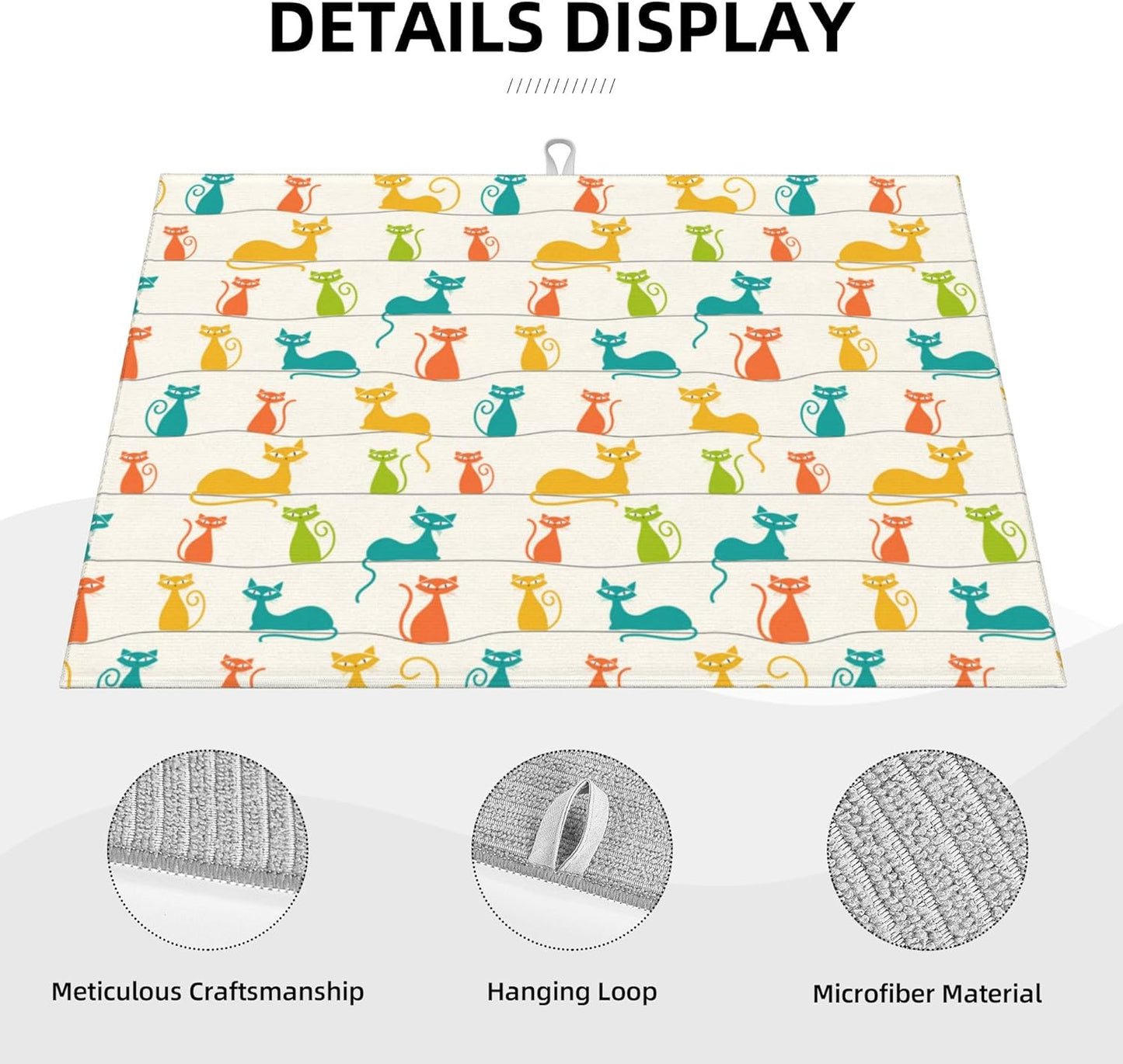 Mid Century Modern Cats Dish Drying Mat for Kitchen Counter Absorbent Reversible Cute Drying Pad Dark Kitchen Decor Dish Drainer Rack Mats 18"x24"