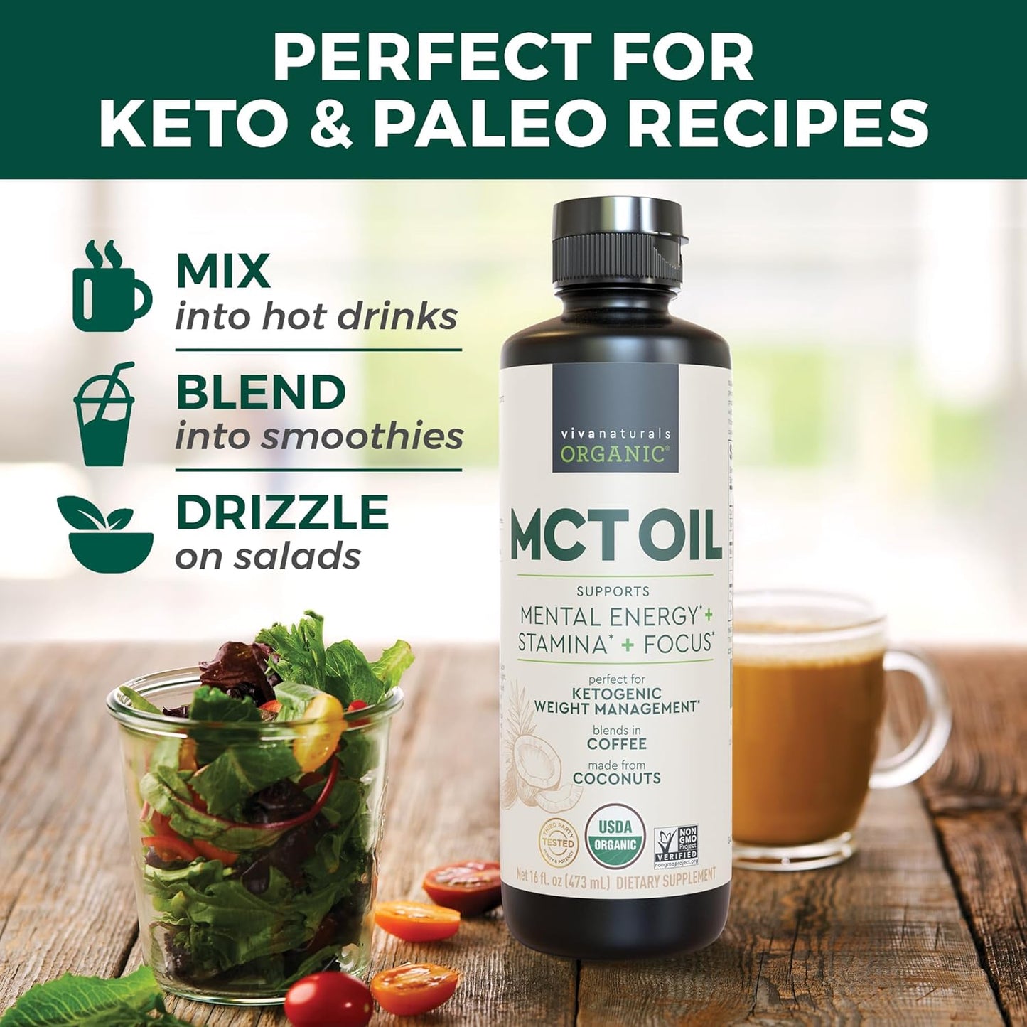 Viva Naturals Organic MCT Oil 16 fl oz - Best MCT Oil Organic for Coffee, MCT Coconut Oil Supports Energy & Mental Clarity, USDA Organic, Non-GMO, Paleo & Keto Certified, MCT Wellness
