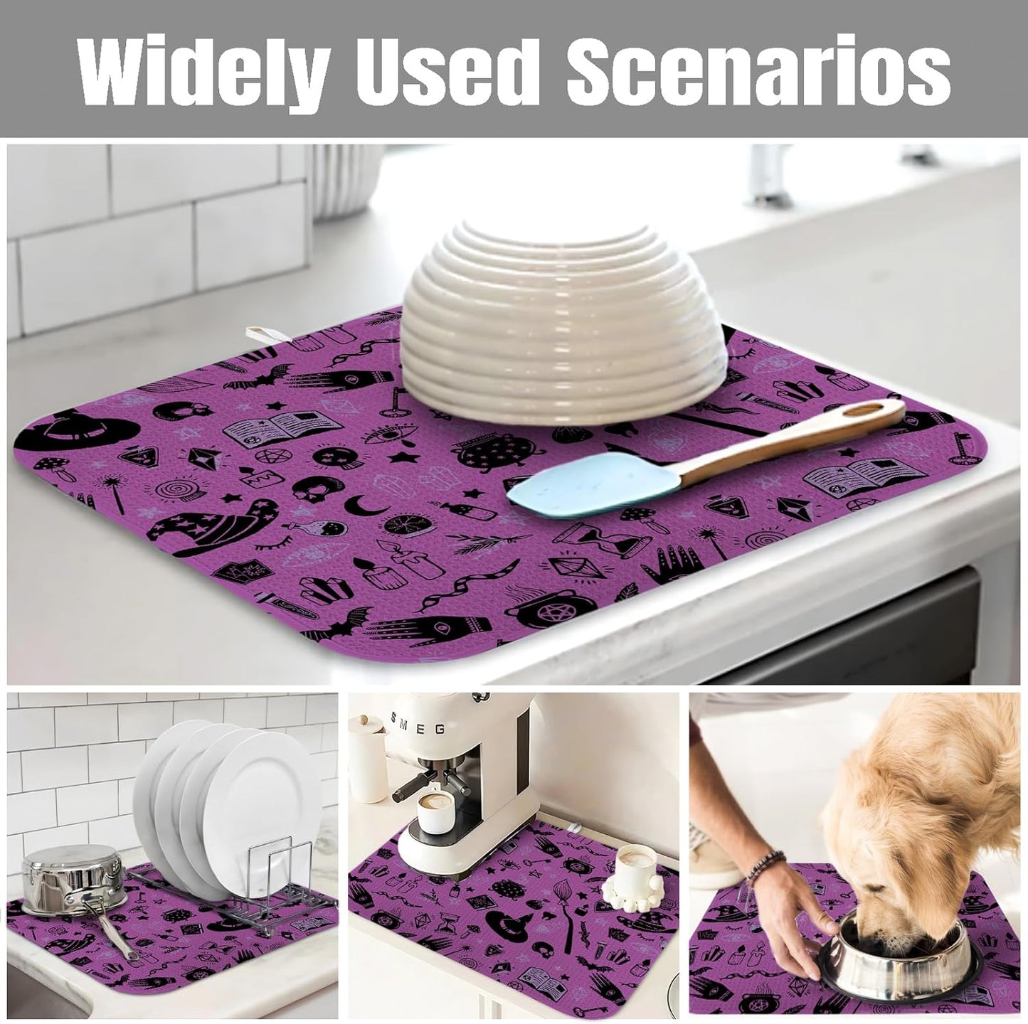 Dish Drying Mat for Kitchen Counter Large 16" x 18" Purple Halloween Witch Absorbent Microfiber Dishes Drainer Rack Mats Pad Reusable Washable