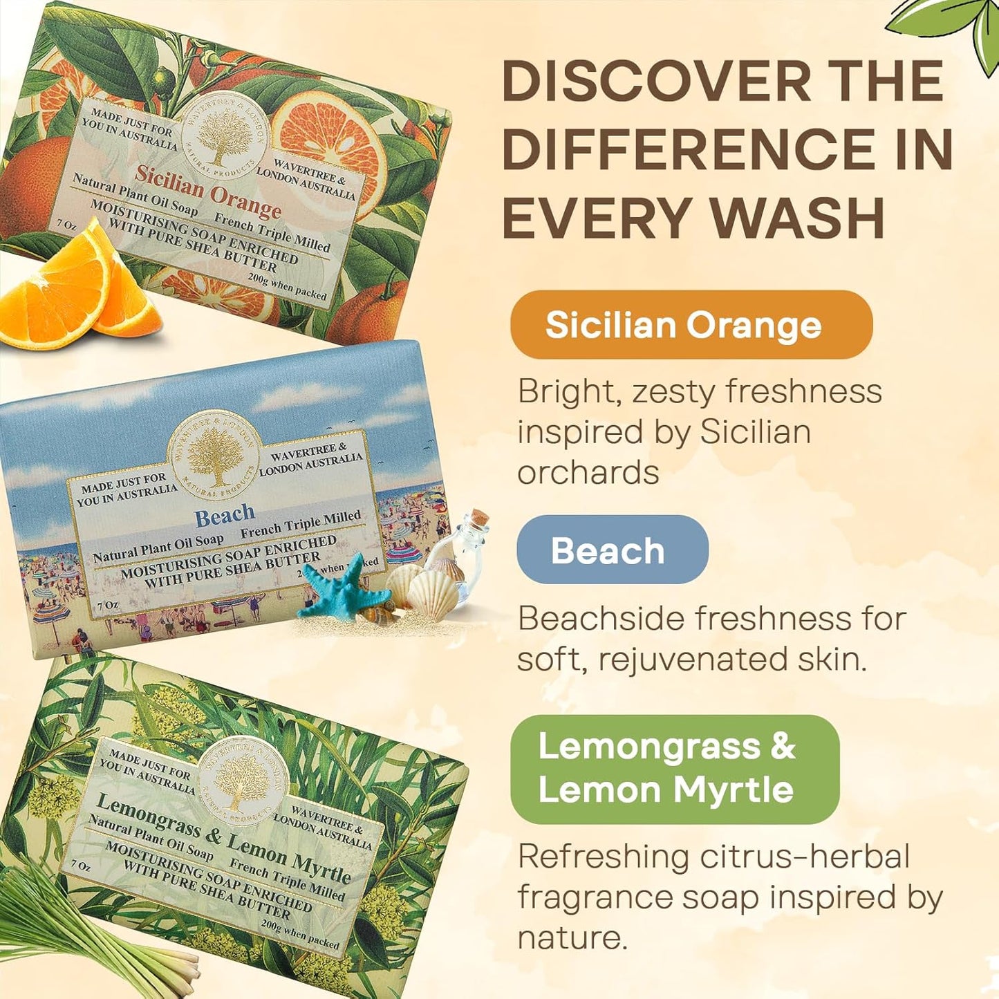 Wavertree & London Natural Soap Bars Gift Set (Set of 6), 7 Oz Assorted Scented Bar Soap Gift Box for Women & Men, Moisturizing & Pure Triple Milled Luxury Bath Soap Bars enriched with Shea Butter