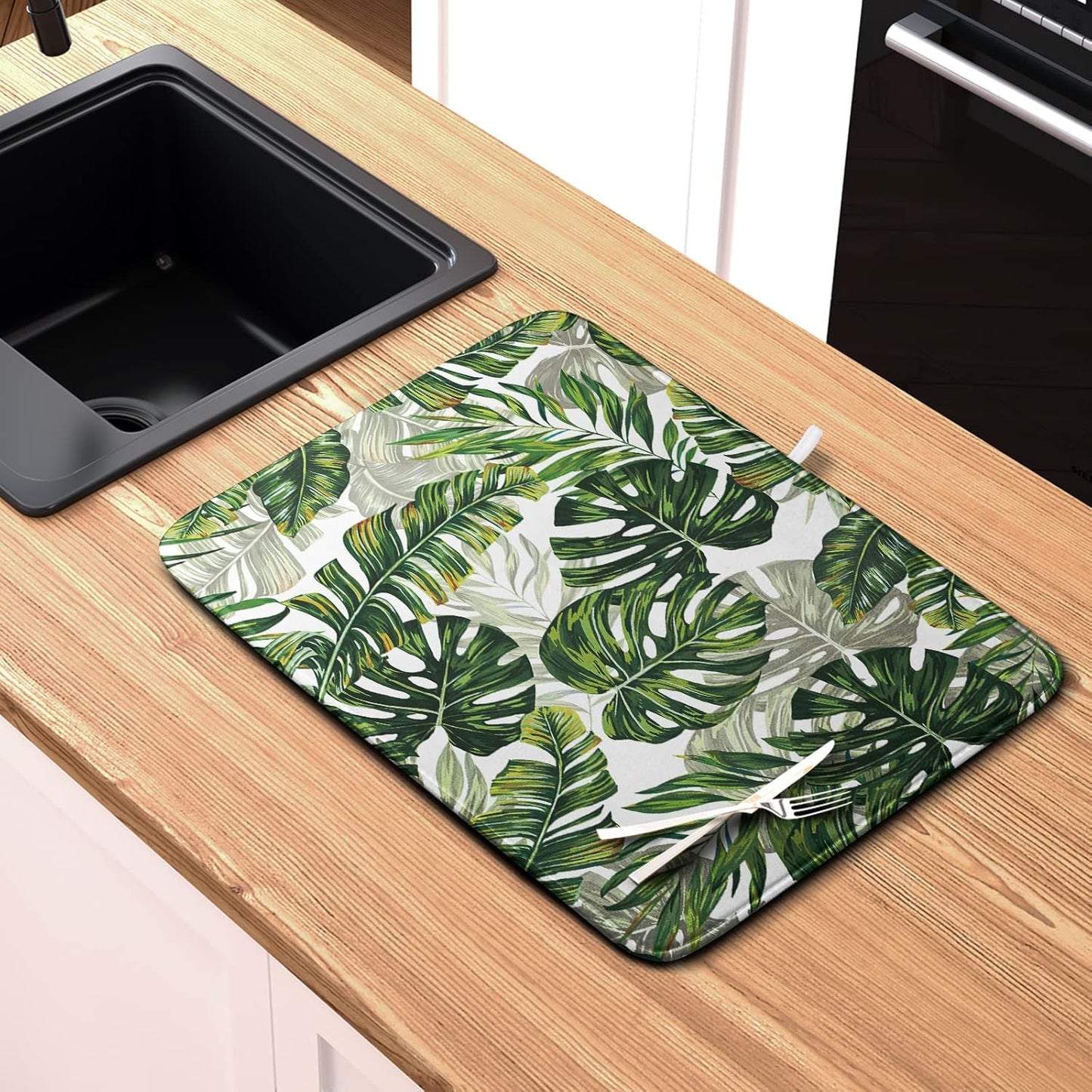 Tropical Palm Leaves Dish Drying Mat for Dishes 16x18 Inch Spring Green Monstera Leaf Drying Mat Watercolor Herbs Dish Drainer Mat Super Absorbent Dish Rack Pad for Coffee Bar Sinks