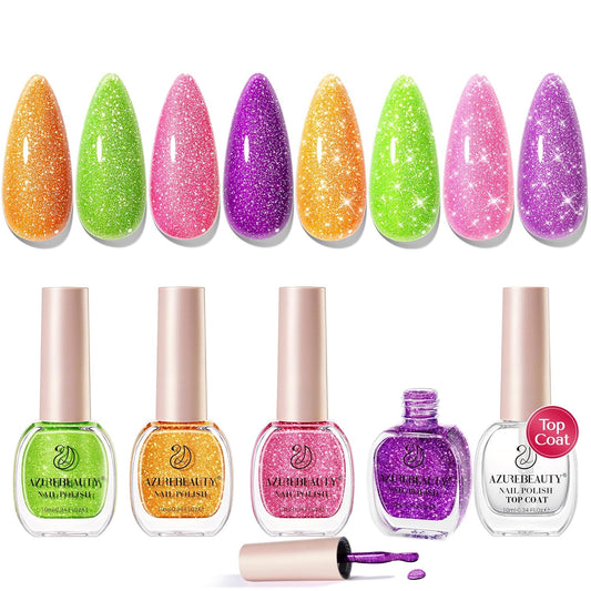 AZUREBEAUTY Nail Polish Set, 4 Colors Shimmer Glitter Neon Pink Orange Green Purple Spring Summer Long Lasting Quick Dry Natural Fingernail Lacquer Strengthening Kit with Top Coat DIY Salon