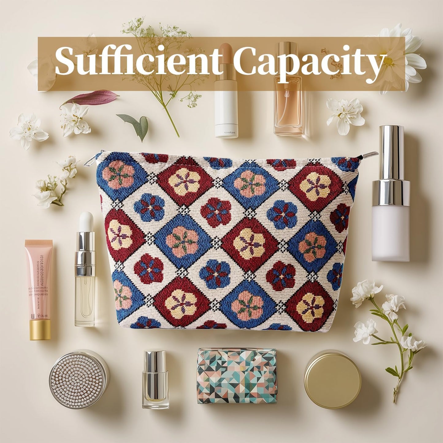 Vintage Floral Cosmetic Bag for Women, Makeup Pouch for Purse, Elegant Toiletry Organizer for Mature Ladies & Moms, Classic Pattern, Small Travel Zipper Bag