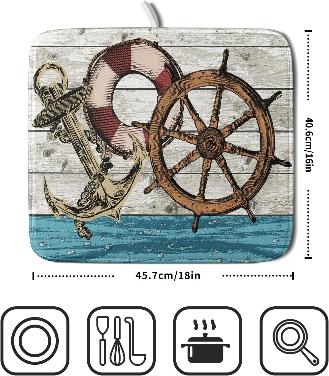 Nautical Anchor Dish Drying Mat 16x18 inch Coastal Boat Fast Dry Microfiber Reversible Dish Drainer Pad Kitchen Countertop Tabletop Decor