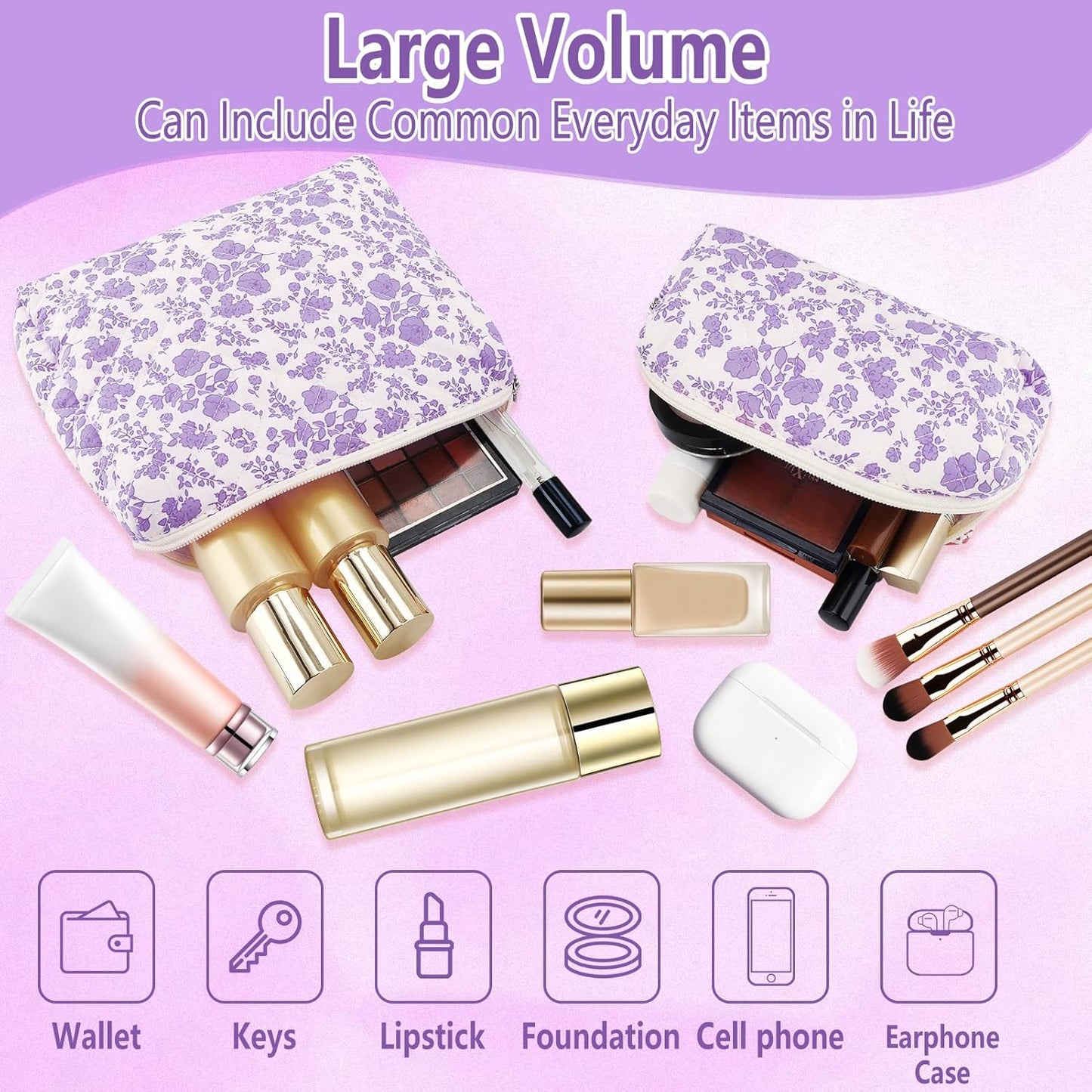 2Pcs Quilted Makeup Bag Set Flower Cute Pencil Case Large Small Travel Makeup Pouch Set for Women Coquette Makeup Bag Aesthetic Cotton Cosmetic Bag Purple Toiletry Organizer Storage Bag Zipper Pouch