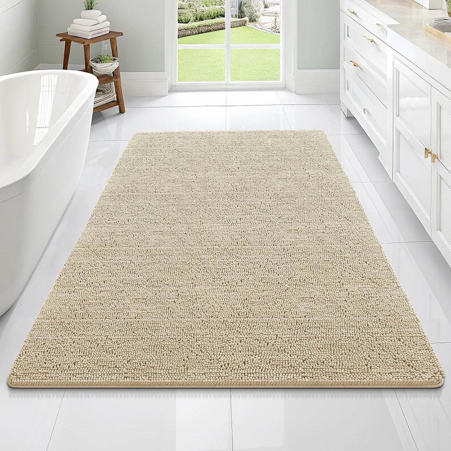 OLANLY Bathroom Rugs 70x46, Extra Soft Absorbent Chenille Bath Rugs, Rubber Backing Quick Dry, Machine Washable Bath Mats for Bathroom Floor, Tub and Shower, Home Decor Accessories, Beige