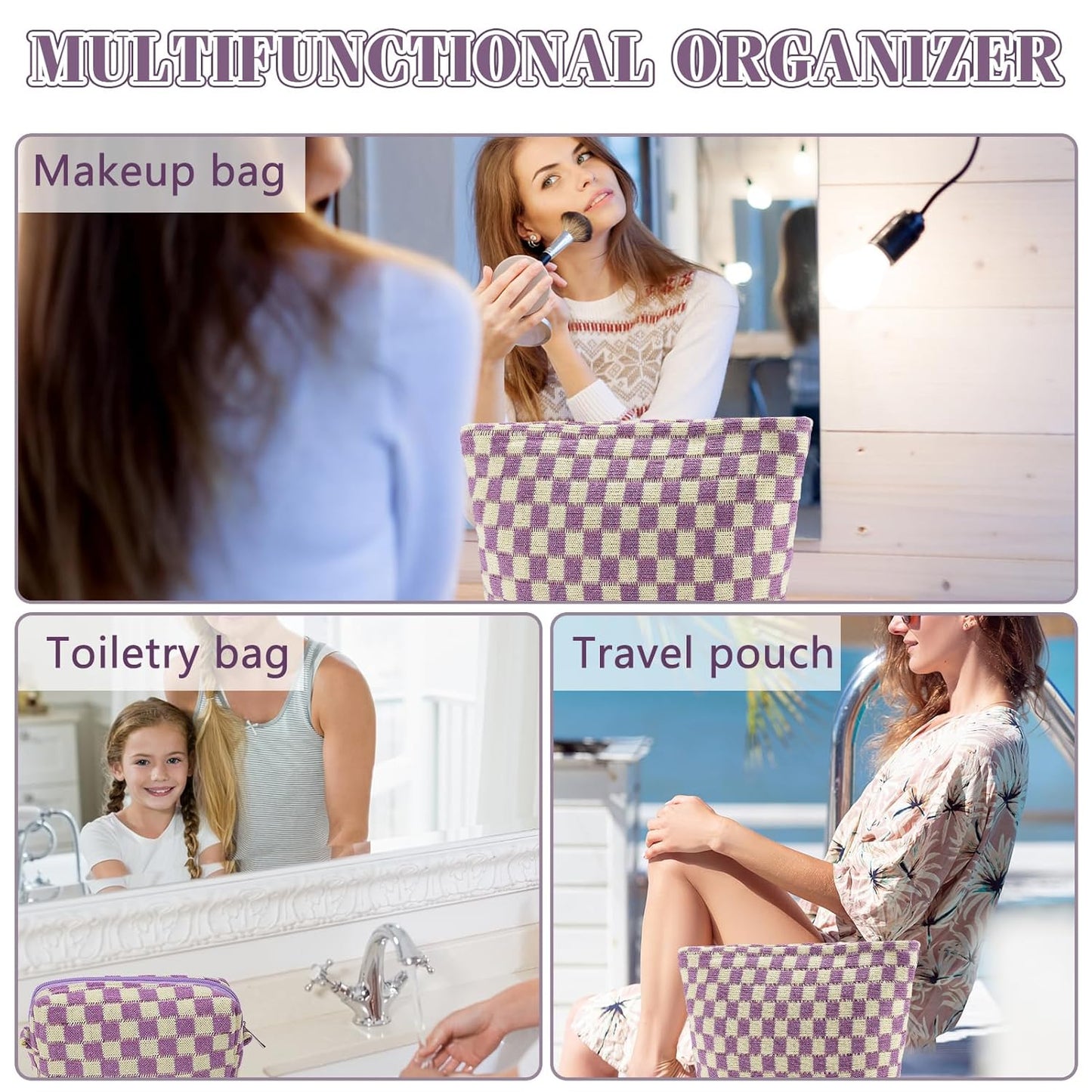 ZLFSRQ 3Pcs Checkered Makeup Bag for Women Large Small Checkered Cosmetic Bag Set Aesthetic Preppy Pencil Case Cute Pencil Pouch Purple Makeup Pouch for Purse Travel Toiletry Bags Zipper Skincare Bags