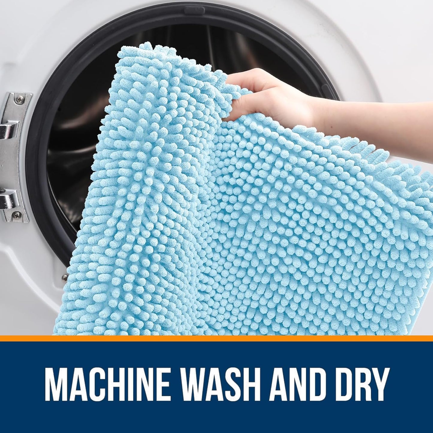 OLANLY Bathroom Rugs 47x17, Extra Soft Absorbent Chenille Bath Rugs, Rubber Backing Quick Dry, Machine Washable Bath Mats for Bathroom Floor, Tub and Shower, Home Decor Accessories, Sky Blue