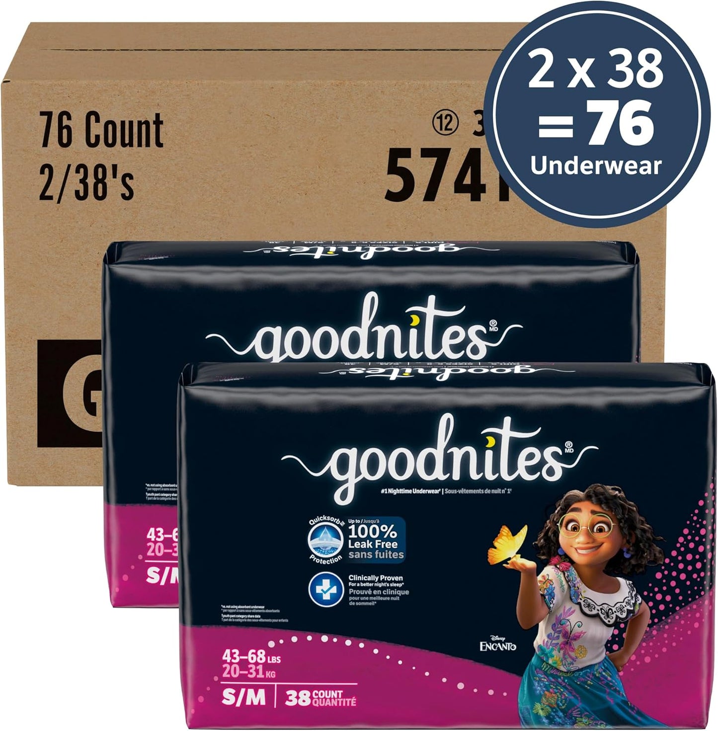 Goodnites Girls' Bedwetting Underwear, Size S/M (43-68 lbs), 76 Ct (2 Packs of 38), Packaging May Vary