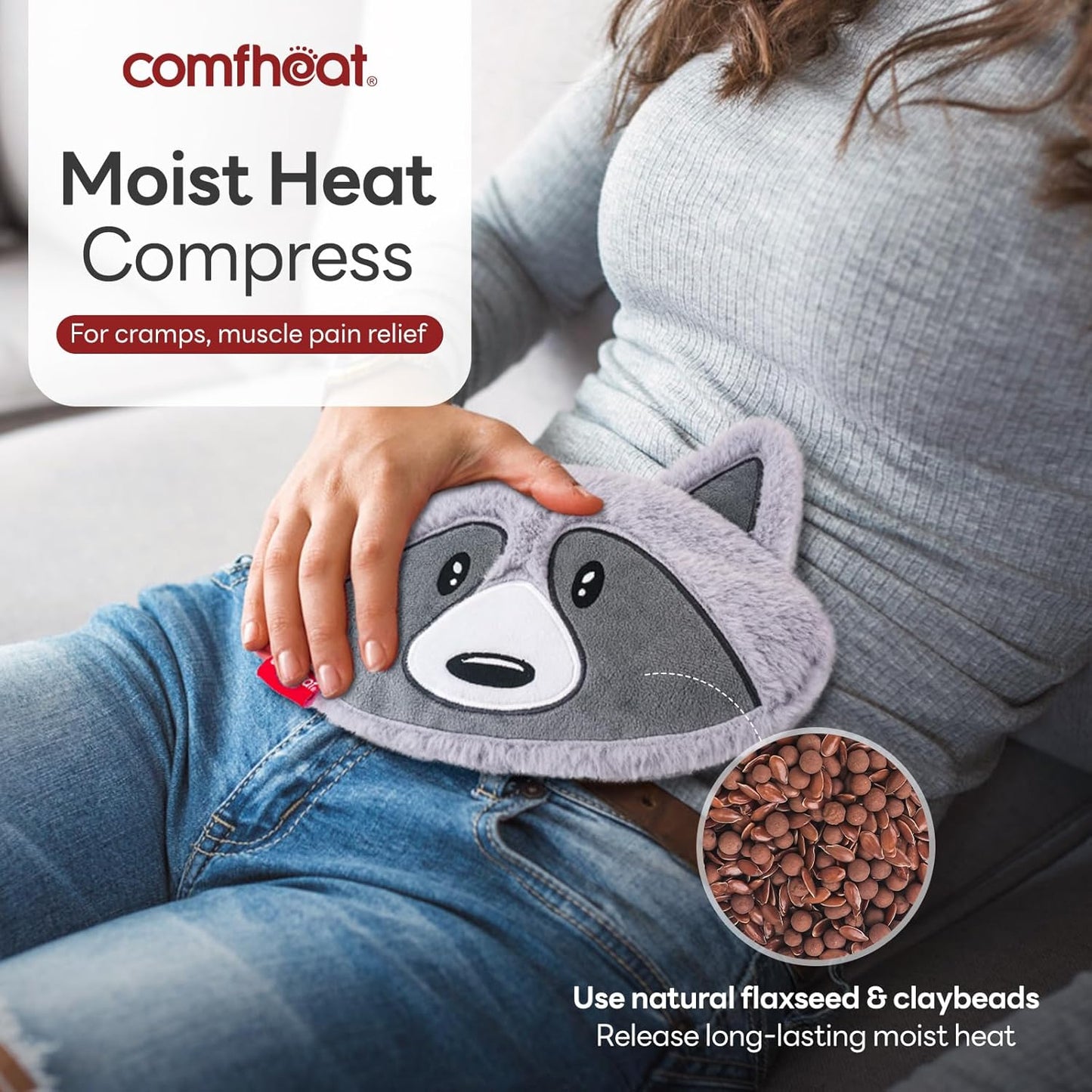 Raccoon Microwave Heating Pad - Hot & Cold Therapy with Natural Flaxseed Filling, Moist Heat for Cramps, Shoulder, Muscle Pain Relief, Natural Heat Pack Moist Heat with Washable Cover