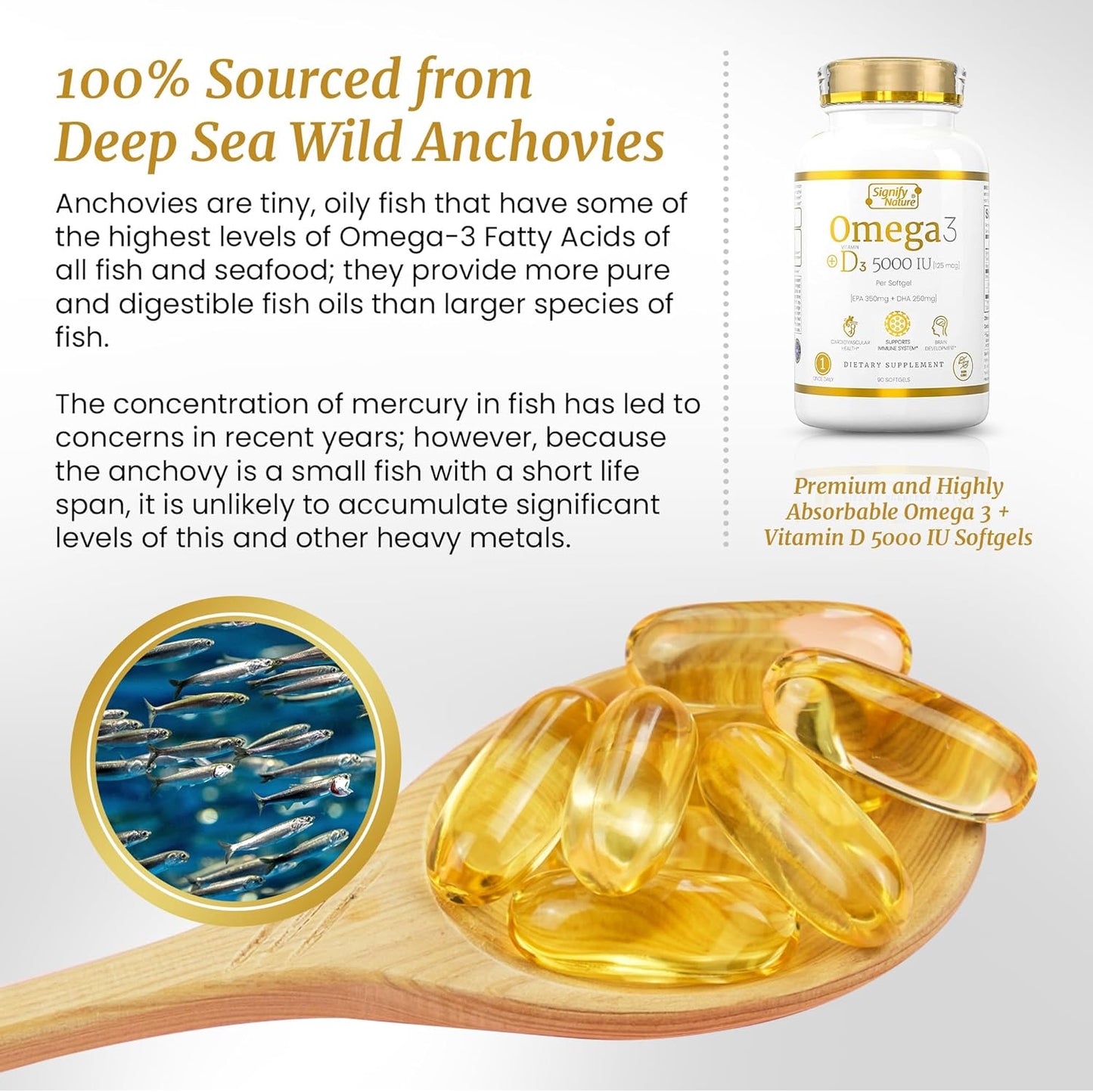 SIGNIFY NATURE Omega 3 Fish Oil Supplement with Vitamin D3 5000 IU - 1000mg Triglyceride Capsules for Brain Health - Omega3 EPA DHA + VIT D 3-90CT