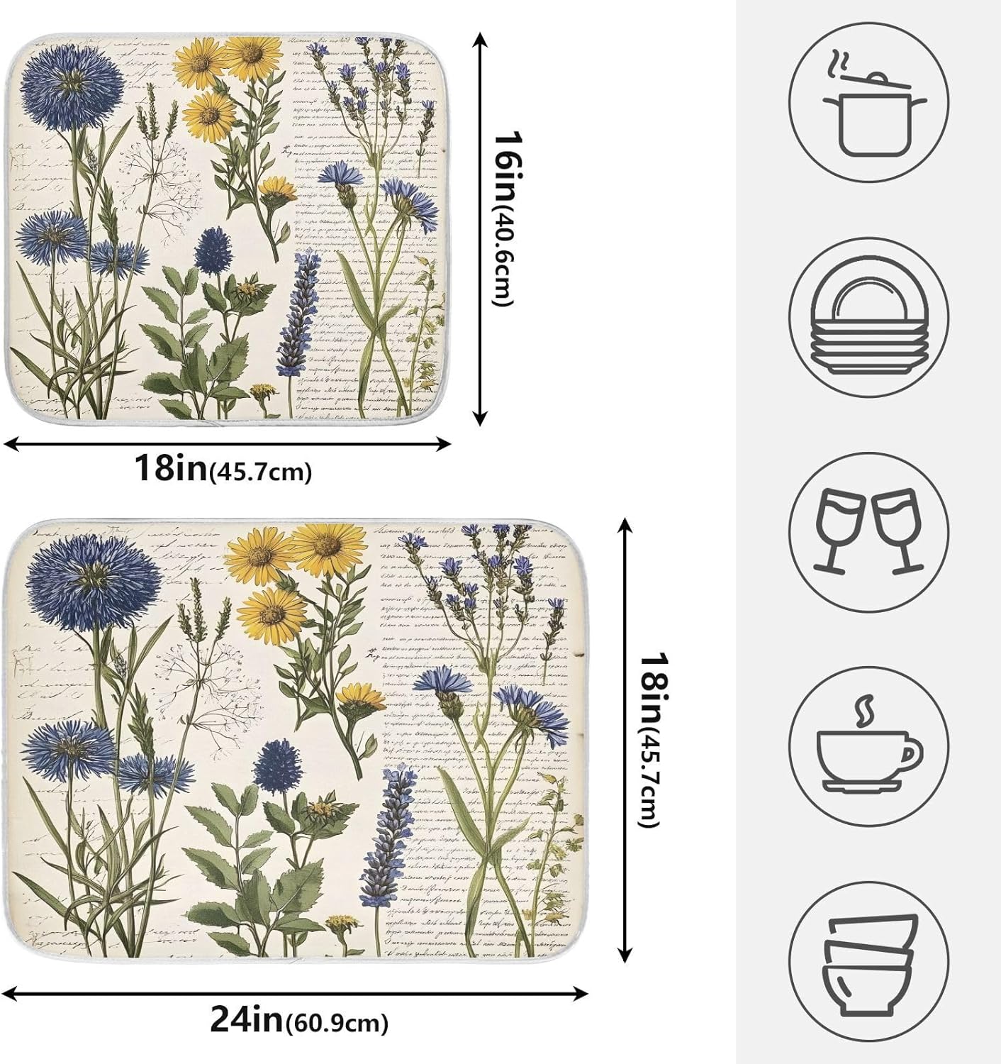 Page Wildflower Vintage Dish Drying Mats for Kitchen Counter Absorbent Microfiber Dish Drying Matt 16 x 18 Inch Draining Reusable Rack Pad