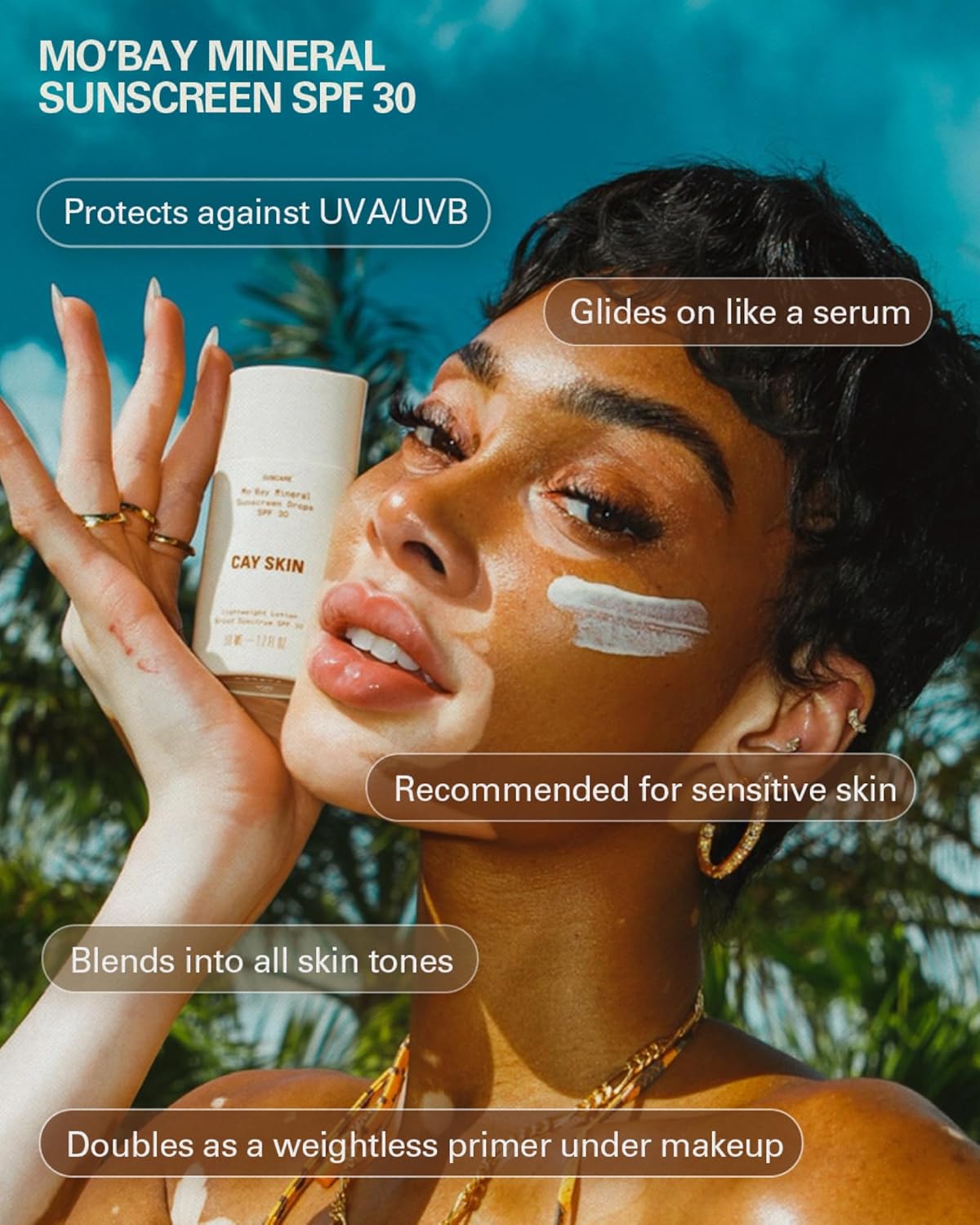 Cay Skin Mo'Bay Mineral Sunscreen Drops SPF 30 – Broad Spectrum Face Sunscreen & Makeup Primer w/Sea Moss – Lightweight, Moisturizing Reef Safe Lotion with Natural Finish for All Skin Types – 1.7 oz.