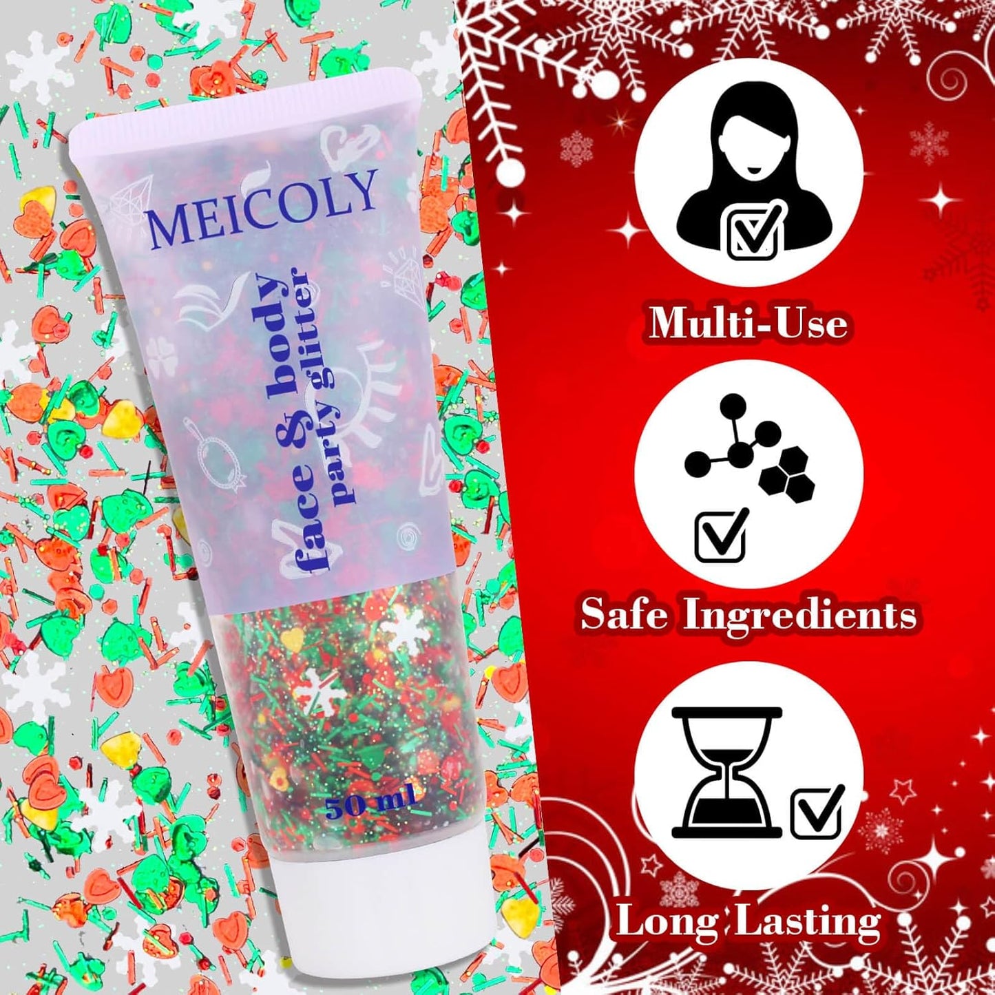 Christmas Makeup,MEICOLY Christmas Face Body Glitter Gel,Christmas Stocking Stuffers Gift Decorations,Festival Hair Glitter for Women Kids Girls,Chunky Sparkling Sequins Glitter Face Paint