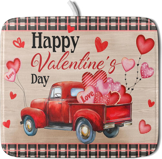 Valentine's Day Truck Dish Drying Mat 16x18 inch Love Heart Washable Absorbent Dishes Pad Dish Drainer Mat for Kitchen Counter Sink Coffee
