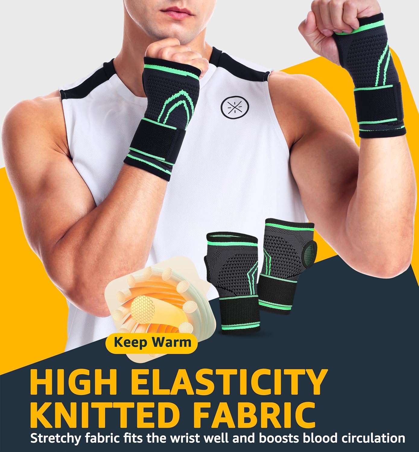 HiRui 2-Pack Wrist Brace Wrist Wraps, Hand Compression Sleeves with Wrist Straps Support for Fitness Weightlifting MTB Tendonitis Carpal Tunnel Arthritis Pain Relief (Green, Large)