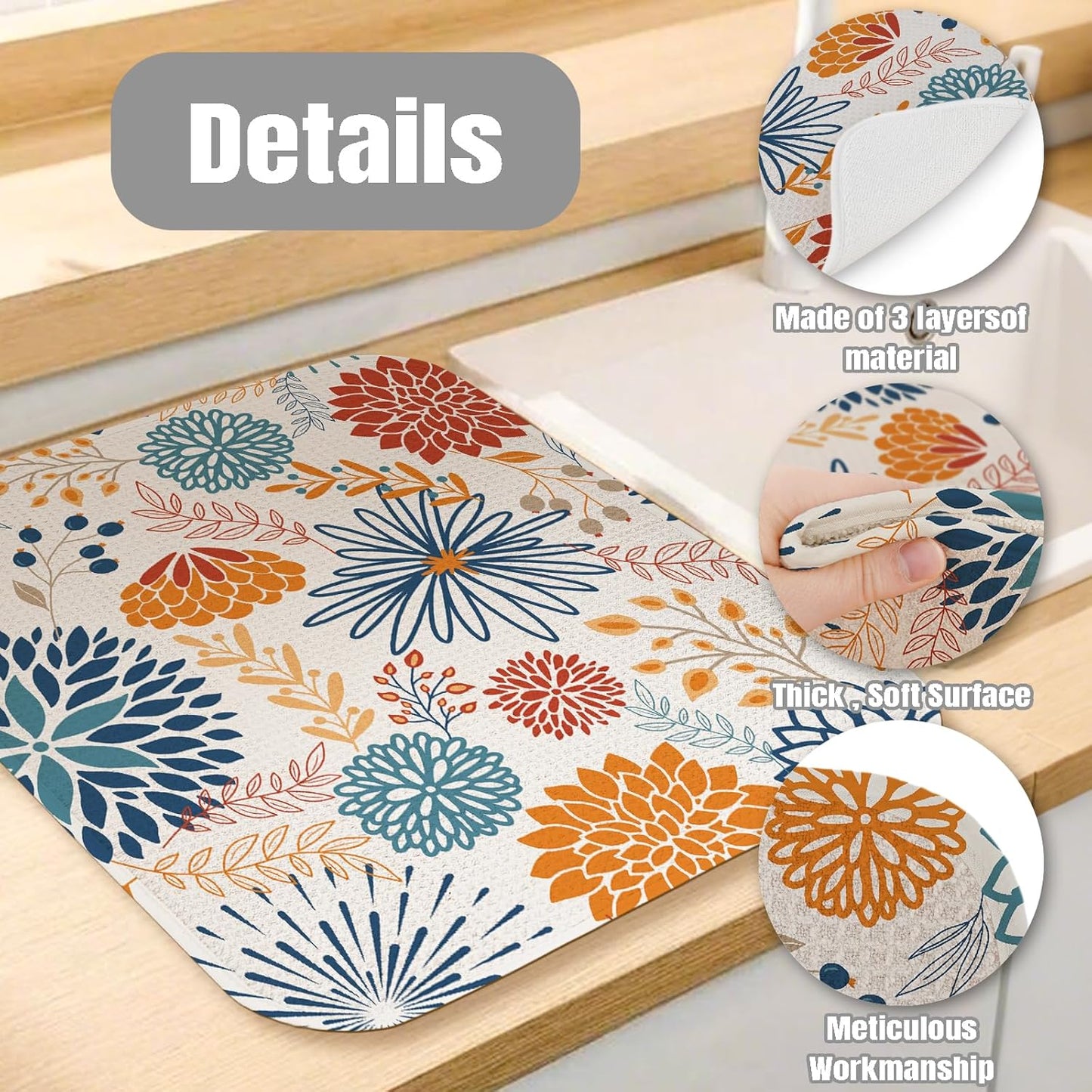 Dish Drying Mat for Kitchen Counter Large 18" x 24" Modern Flower Absorbent Microfiber Dishes Drainer Rack Mats Pad Reusable Washable