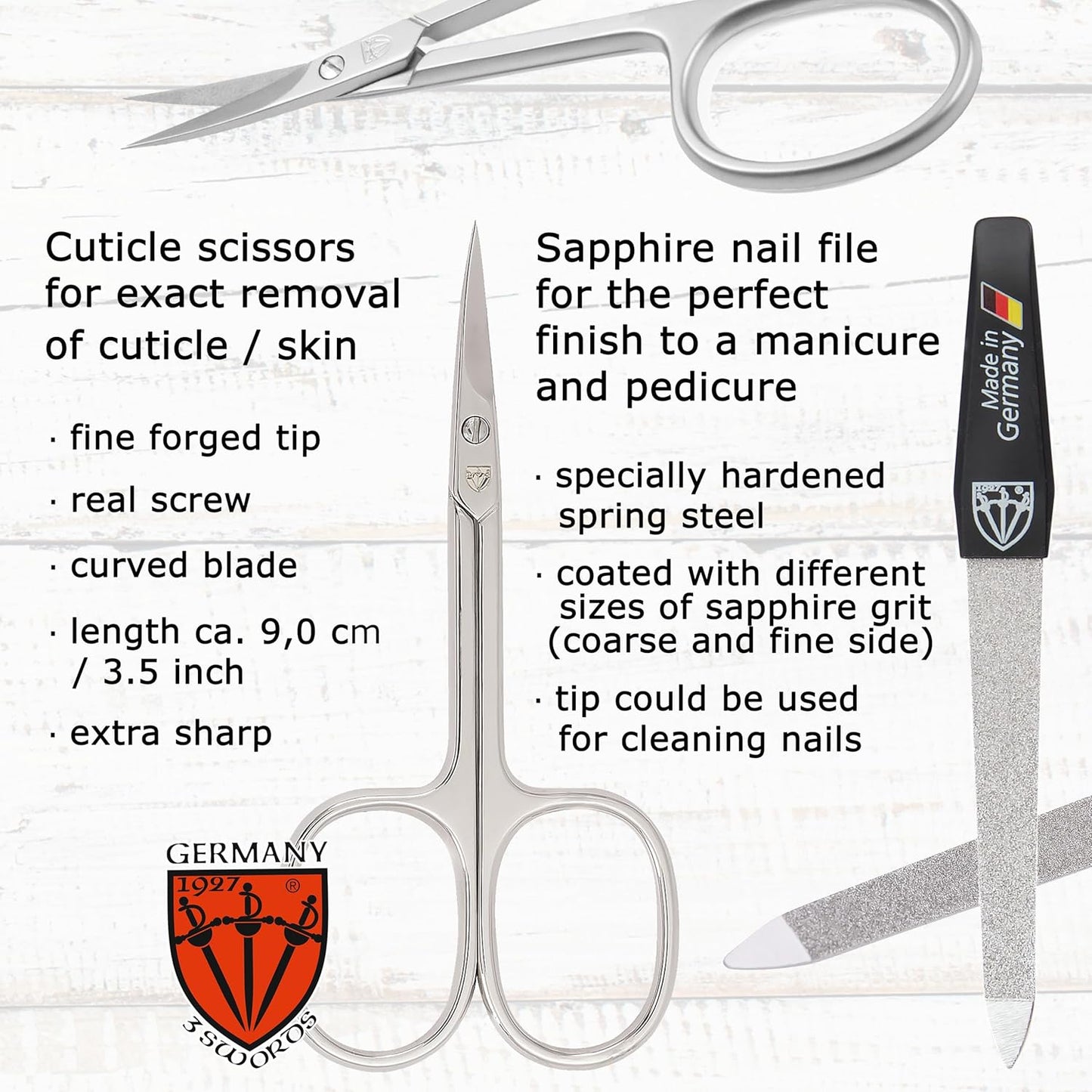 3 Swords Germany - Brand Quality 6 Piece Manicure Pedicure Grooming kit Set - Scissors, Metal and Glass Nail File, Clipper, Tweezers with Synthetic Leather case - Snake