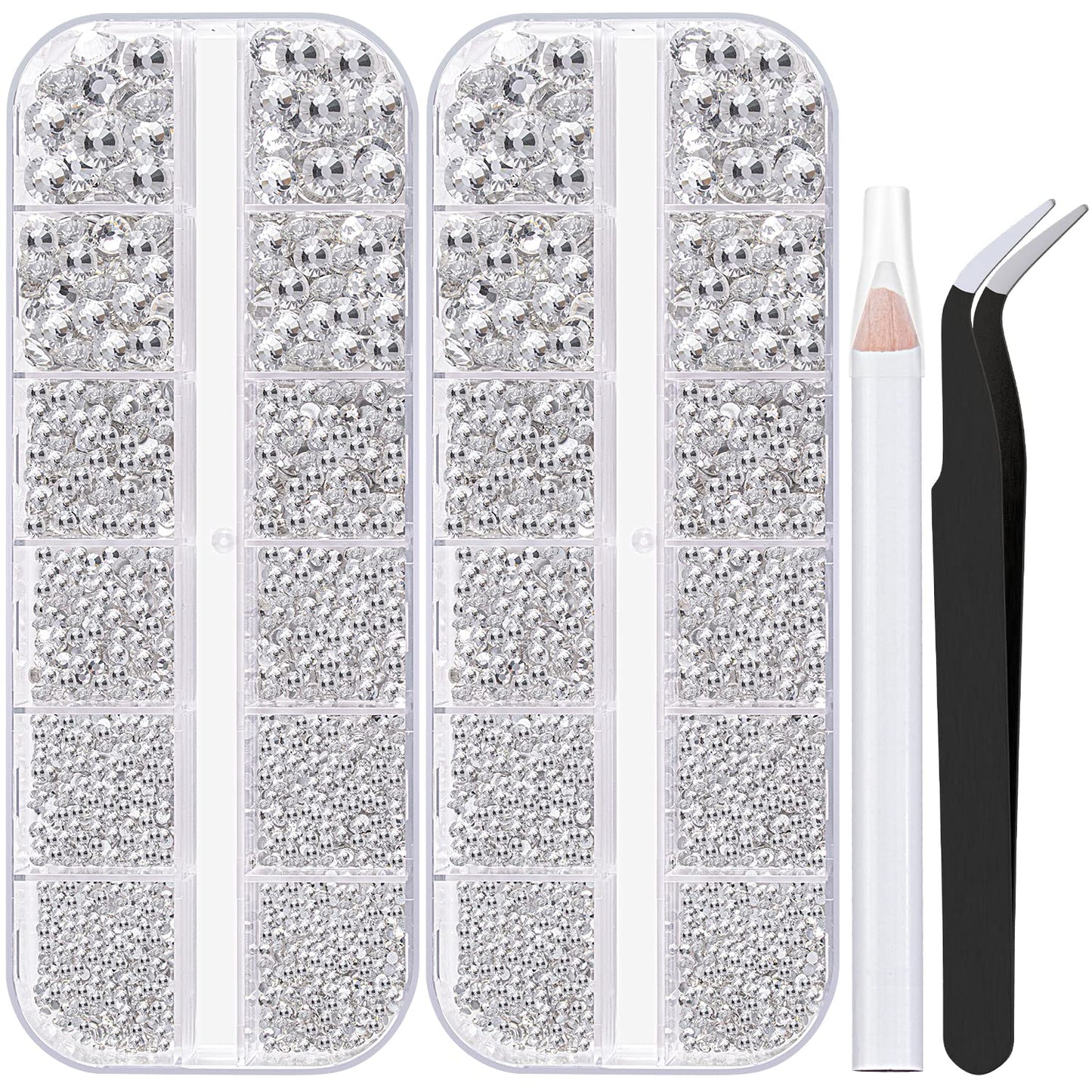 Two Packs of Flatback Rhinestones 4000 Pcs Nail Art Rhinestones Flatback Transparent White Clear Rhinestone with Picker Pencil and Tweezer for Nail Art and Decoration