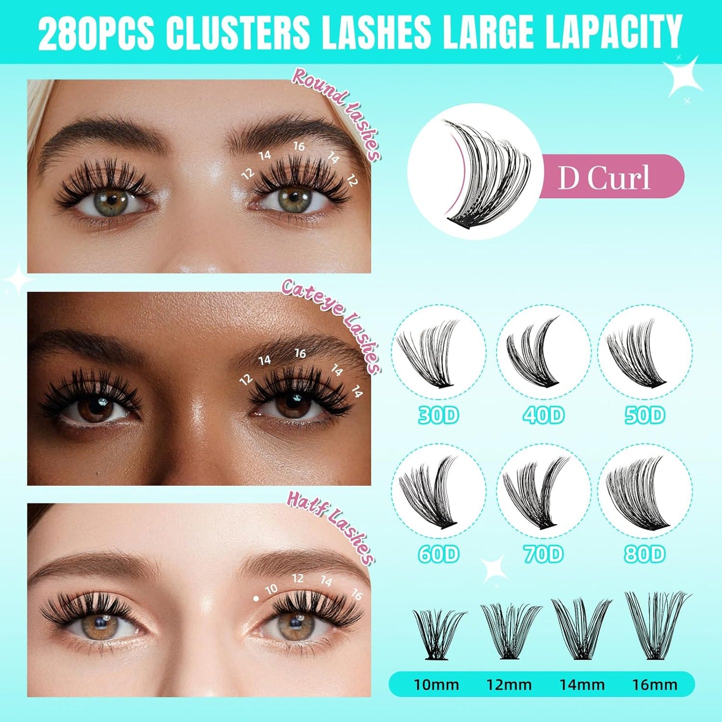 Lash Clusters Wispy 280PCS Eyelash Extension 40D Cluster Lashes Individual Lashes DIY Lash Extension Natural Look Cluster Eyelash Extensions Soft False Eyelashes at Home for Beginners(12mm)