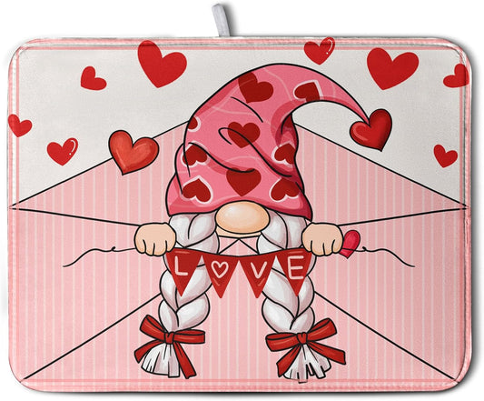Valentine's Day Love Letter Dish Drying Mat for Kitchen Counter, Love Letter Gnome Absorbent Dish Pad Large Dish Drainer Mats for Countertop 18x24 Inch
