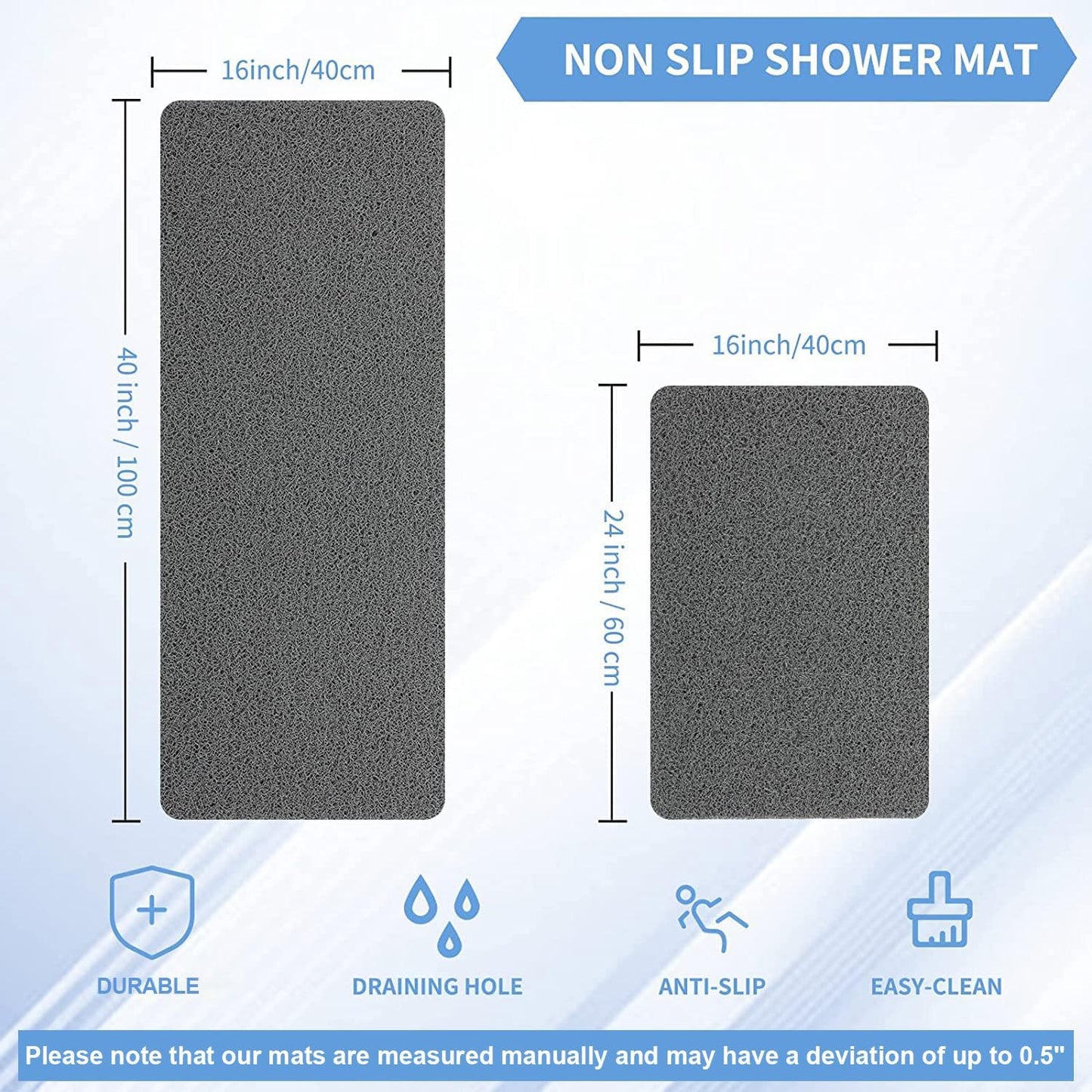 Non-Slip Shower Mat Bathtub Mat for Bath Tub,Anti Slip Bath Tub Mat,Floor Mat,Soft PVC Loofah Bathroom Mats,Foot Scrubber Mat,Quick Drying Easy Cleaning Mats for Wet Areas（40 * 16 Grey）