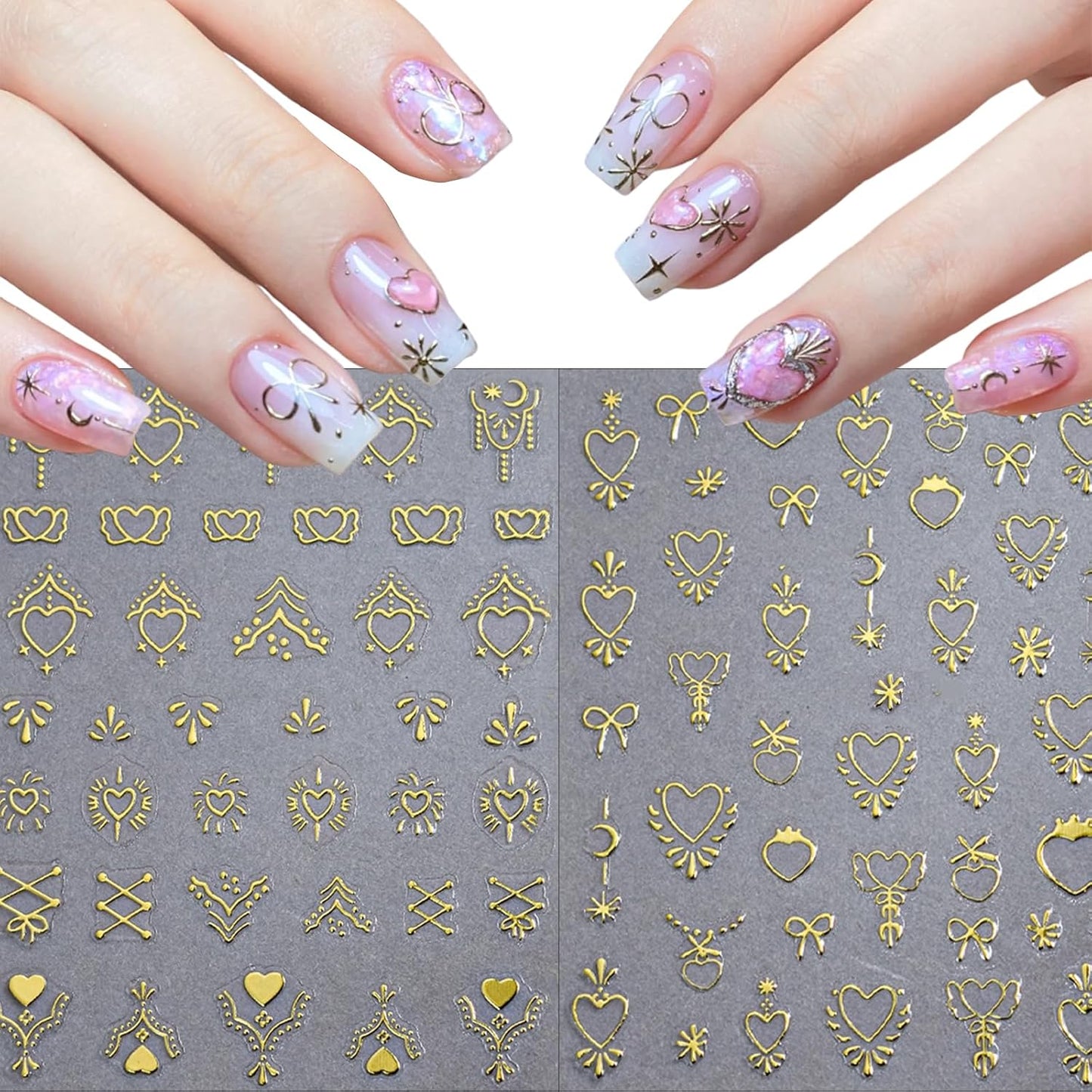 6 Sheets Love Bow Nail Art Stickers 3D Self-Adhesive Metallic Sweetheart Girl Armor Nail Sticker Retro Gold Sliver Starlight Glitter Nail Design Sticker for Women Girls Acrylic Manicure Decorations