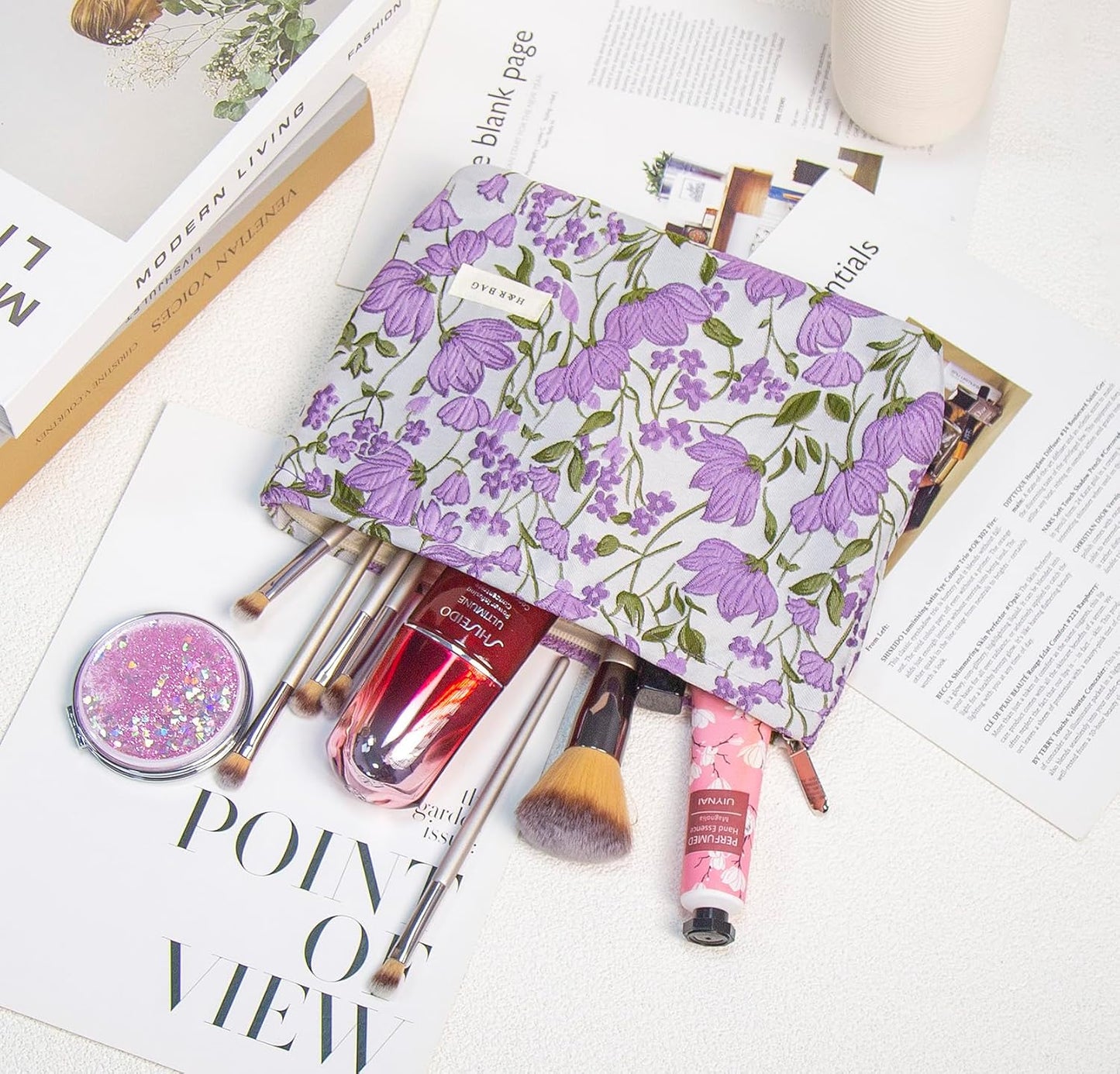 2 Pcs Makeup Bags, Large Cosmetic Bag Travel Toiletry Bag Organizer for Women, Embroidery Craft, Floral Makeup Bag Small Cosmetic Pouch Purse with Zipper Gifts for Girls Teen