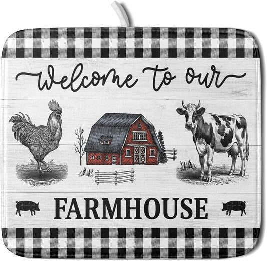 Farmhouse Barn Dish Drying Mat 16x18 Inch Cow Rooster Absorbent Microfiber Dish Drainer Rack Pad Bottles Protector for Kitchen Counter
