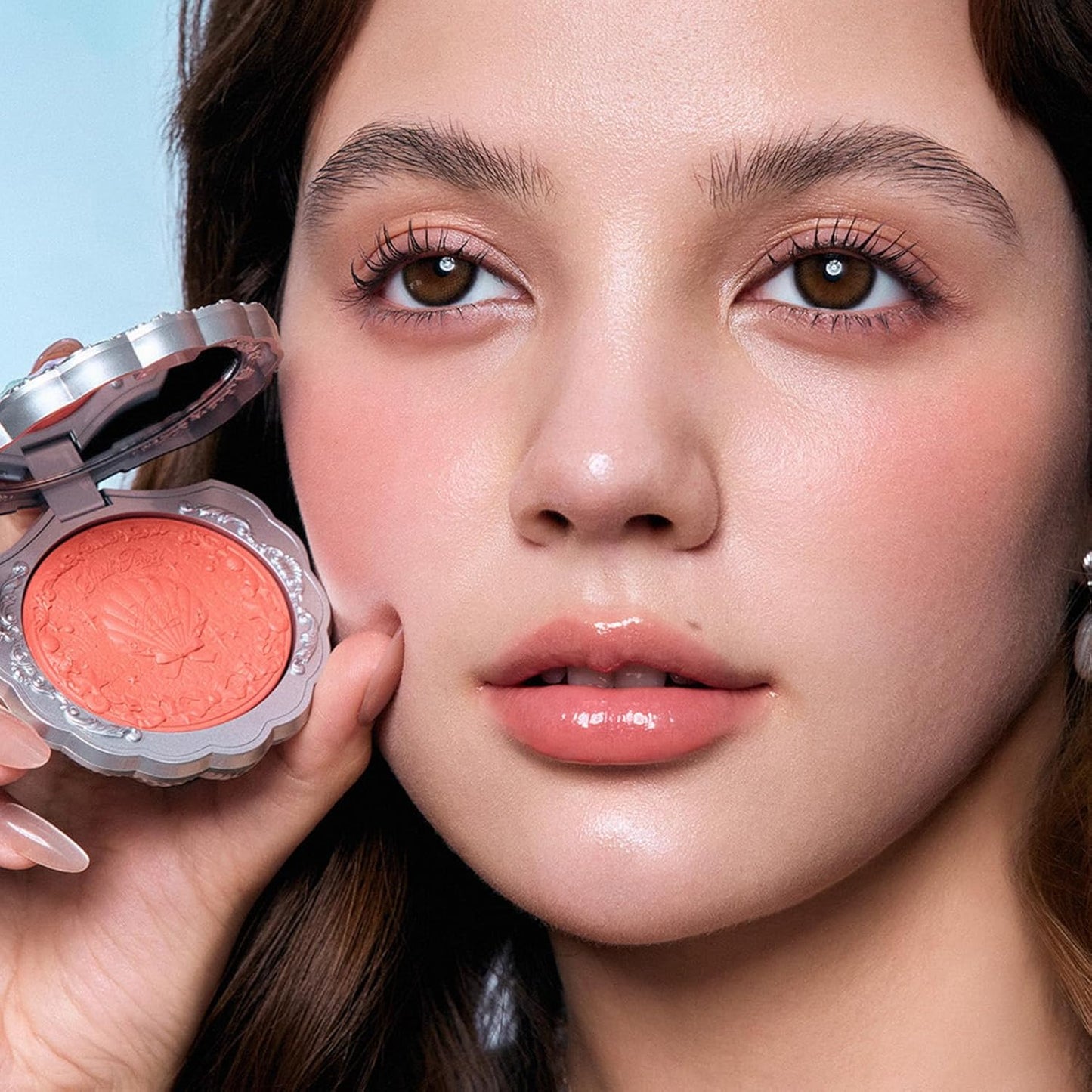 Flower Knows Shell's Jewel Silk Satin Blush,Simmery Powder Blush for Cheeks,Smooth Blendable Face makeup,Hydrating Formula,Citrus Glow(01 SunKissed Coral)