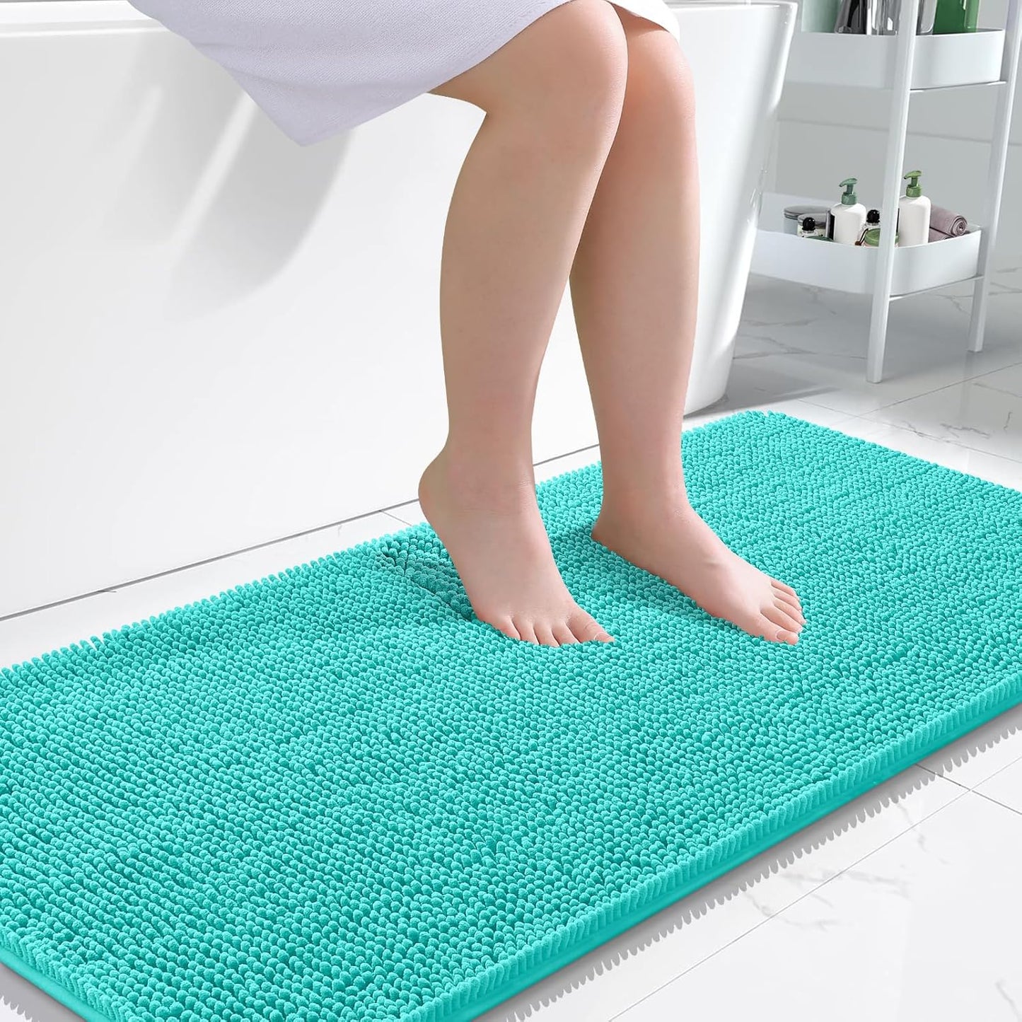 OLANLY Bathroom Rugs 47x24, Extra Soft Absorbent Chenille Bath Rugs, Rubber Backing Quick Dry, Machine Washable Bath Mats for Bathroom Floor, Tub and Shower, Home Decor Accessories, Teal