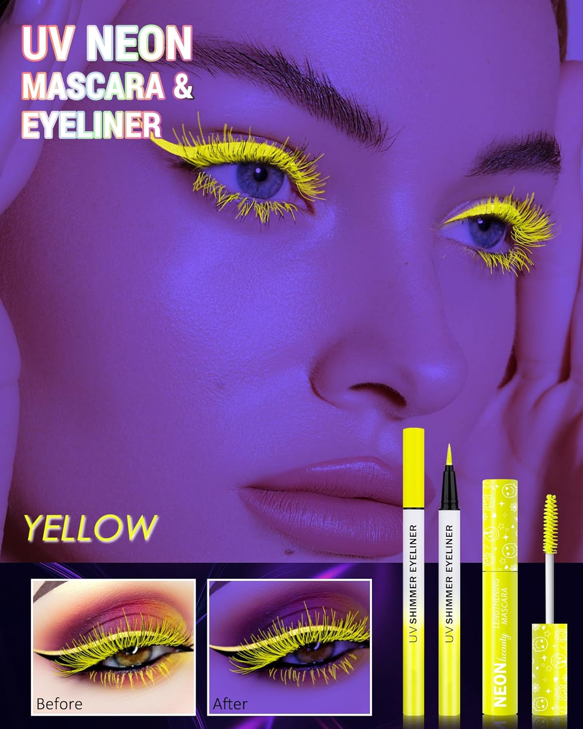 UV Neon Yellow Mascara & Eyeliner Set, Waterproof Volumizing Colored Mascara Volume and Length for Lashes Lengthening, Long Lasting Glitter Liquid Eyeliner Pencil, Halloween Glow in the Dark Makeup-07