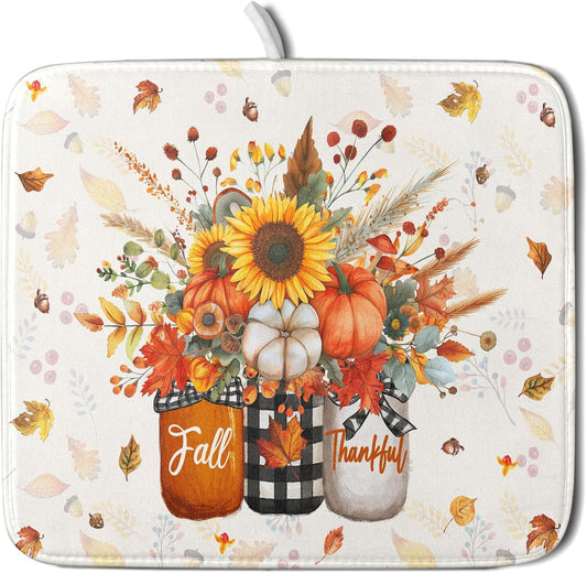 Autumn Pumpkin Dish Drying Mat 16x18 Inch Sunflower Flower Vase Washable Draining Mat with Hanging Loop Seasonal Holiday Home Decoration