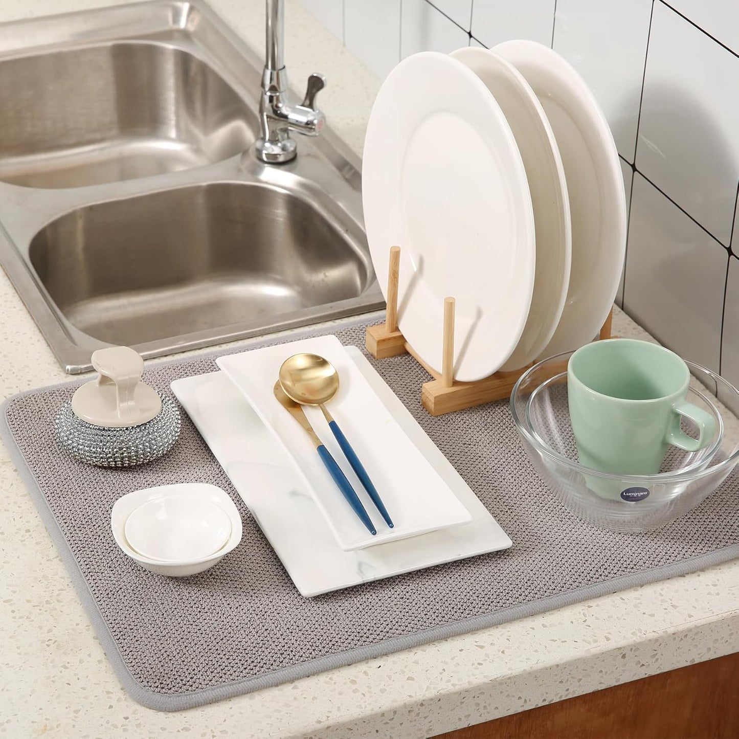 2 Pack Microfiber Dish Drying Mat for Kitchen Counter,Ultra Absorbent Dish Drainer Mat ,Dish Drying Pad , Dish Rack Mat 20×15 Inch (Gray)