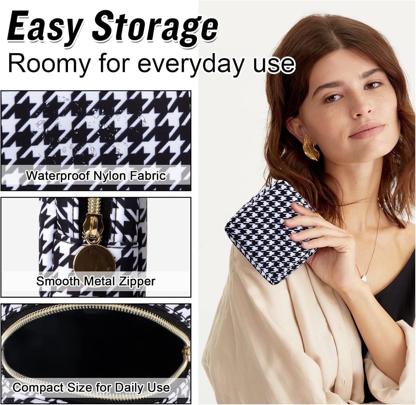 Nylon Mini Makeup Bag for Purse, Small Cute Makeup Bag Preppy Cosmetic Zipper Pouch Purse, Waterproof Travel Coin Pouch Sanitary Napkin Storage Bag Makeup Organizer for Women Girls(Black Houndstooth)