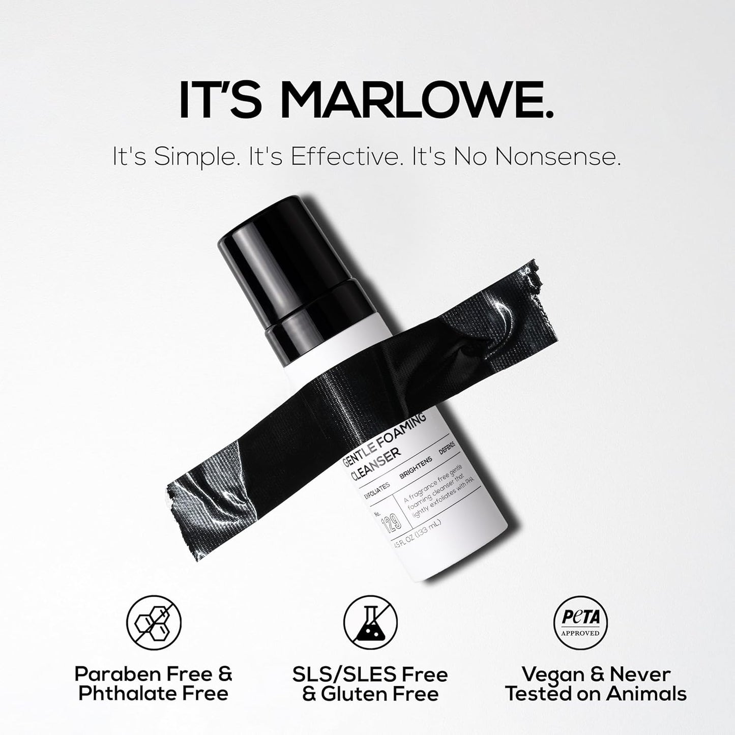 MARLOWE. No. 129 Gentle Foaming Facial Cleanser 4.5 Oz, Exfoliating, Brightening & Protective Daily Mens Face Wash with PHA, Natural Green Tea Extracts & Antioxidants, Unscented & Vegan